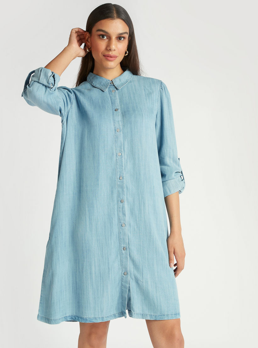 Solid Denim Collared Tunic with Long Sleeves and Pocket-women-clothing-shirtsandblouses-blouses-image-1