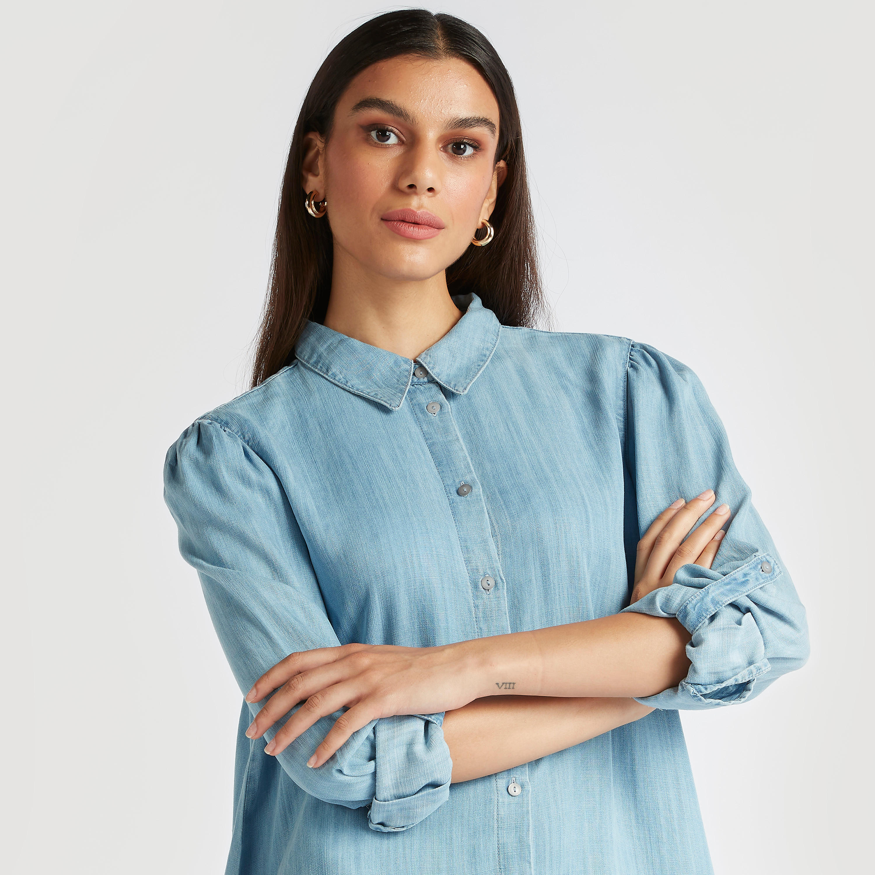 Solid Denim Collared Tunic with Long Sleeves and Pocket-women-clothing-shirtsandblouses-blouses-image-3