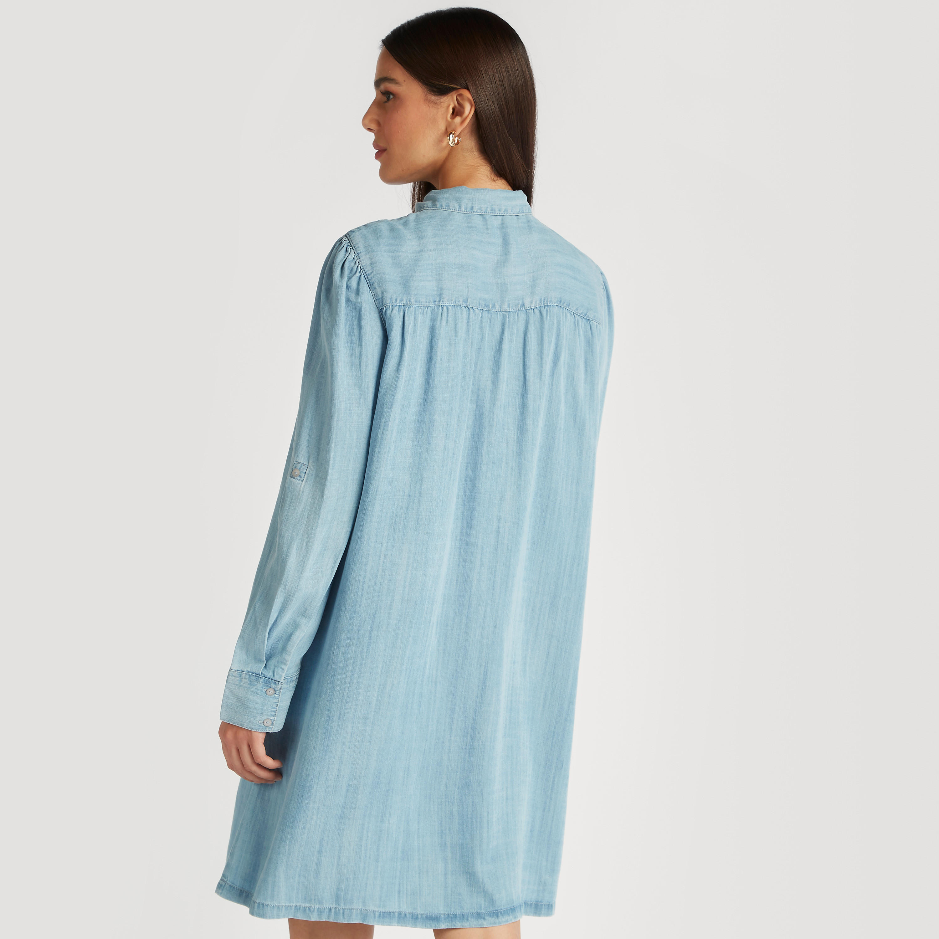 Solid Denim Collared Tunic with Long Sleeves and Pocket-women-clothing-shirtsandblouses-blouses-image-4