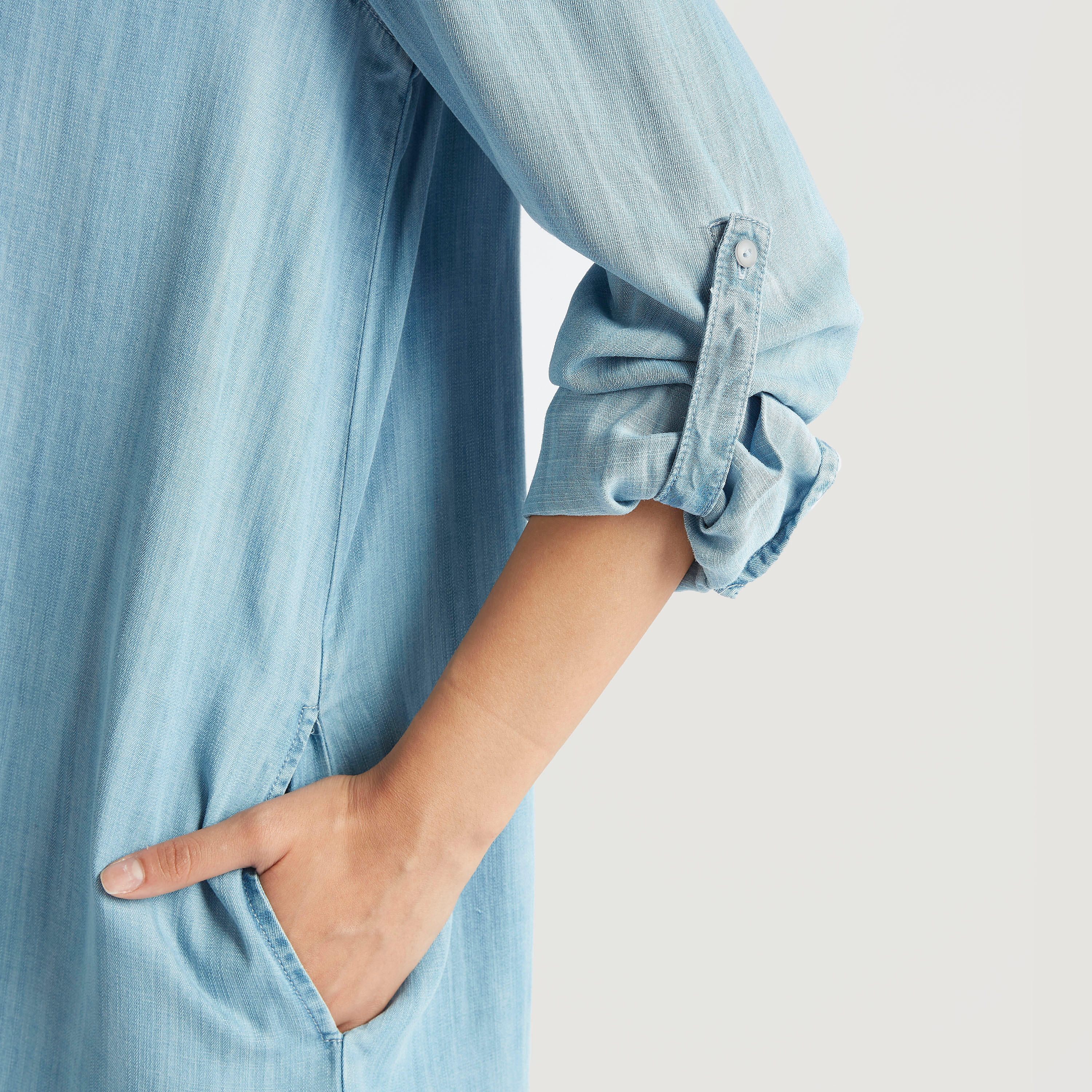 Solid Denim Collared Tunic with Long Sleeves and Pocket-women-clothing-shirtsandblouses-blouses-image-5