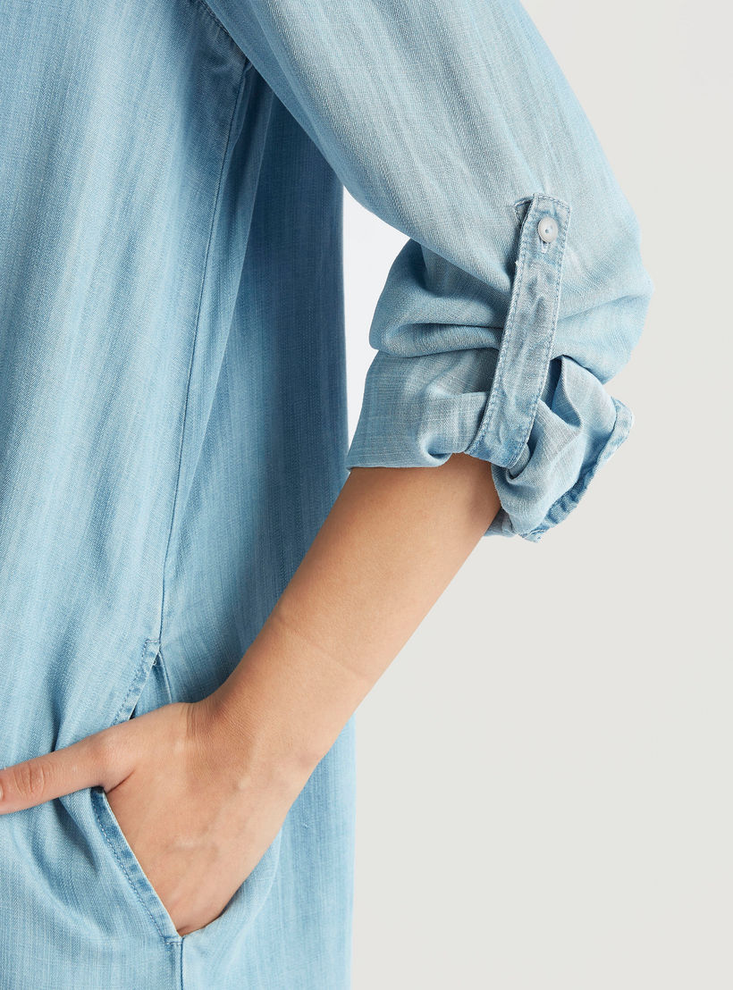 Solid Denim Collared Tunic with Long Sleeves and Pocket-women-clothing-shirtsandblouses-blouses-image-5
