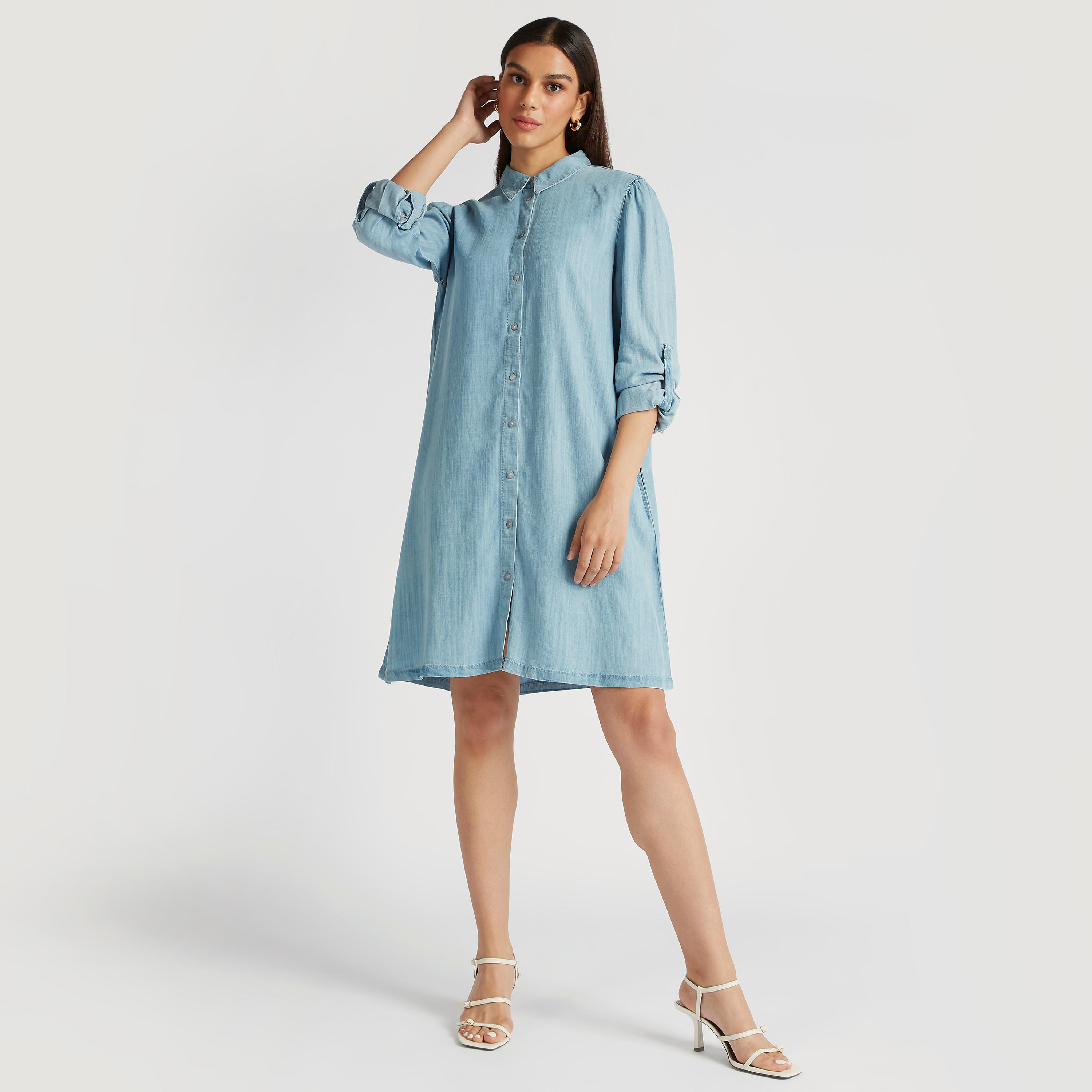 Solid Denim Collared Tunic with Long Sleeves and Pocket-women-clothing-shirtsandblouses-blouses-image-6