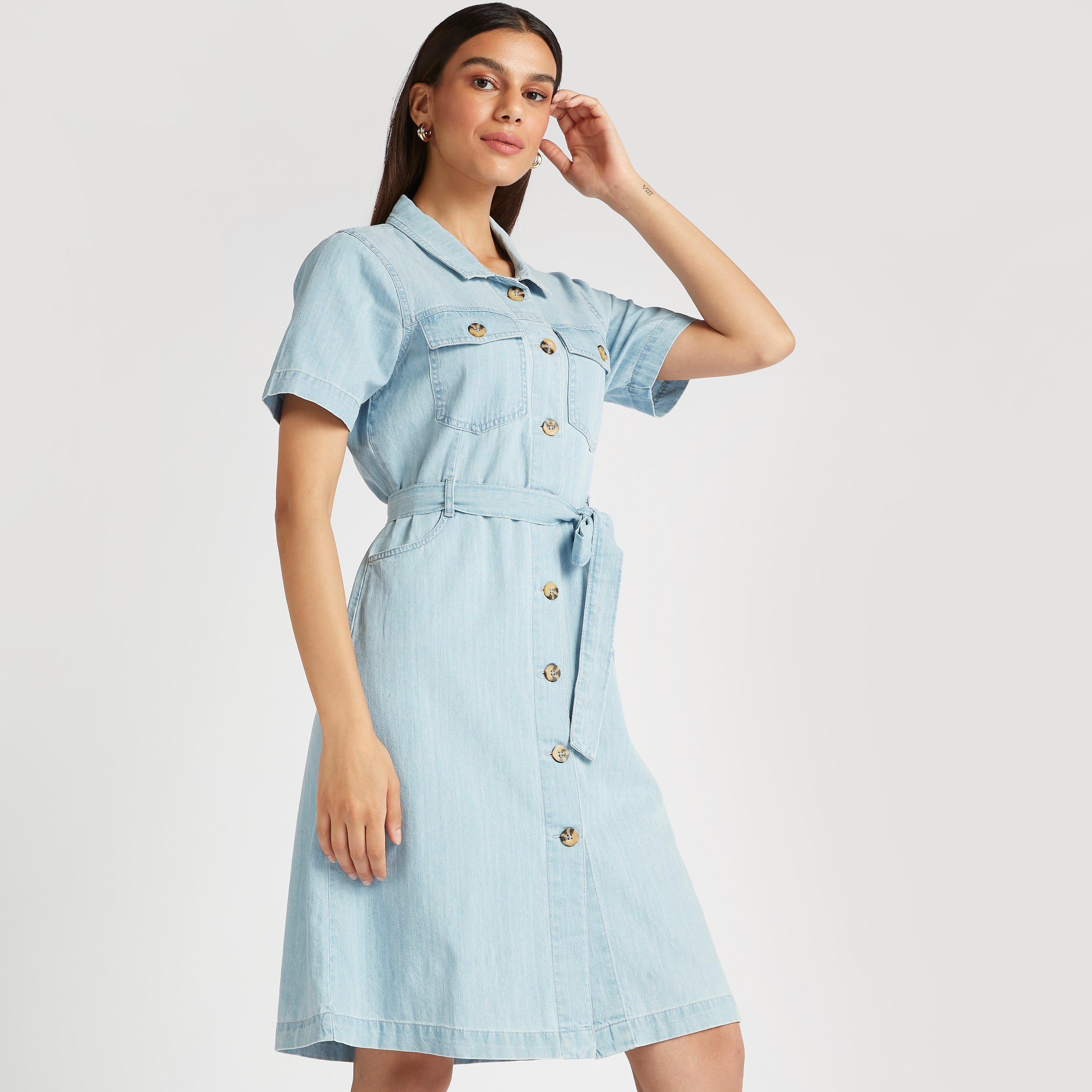 فستان قميص ميدي سادة بجيوب وحزام برباط-women-clothing-dresses-image-7