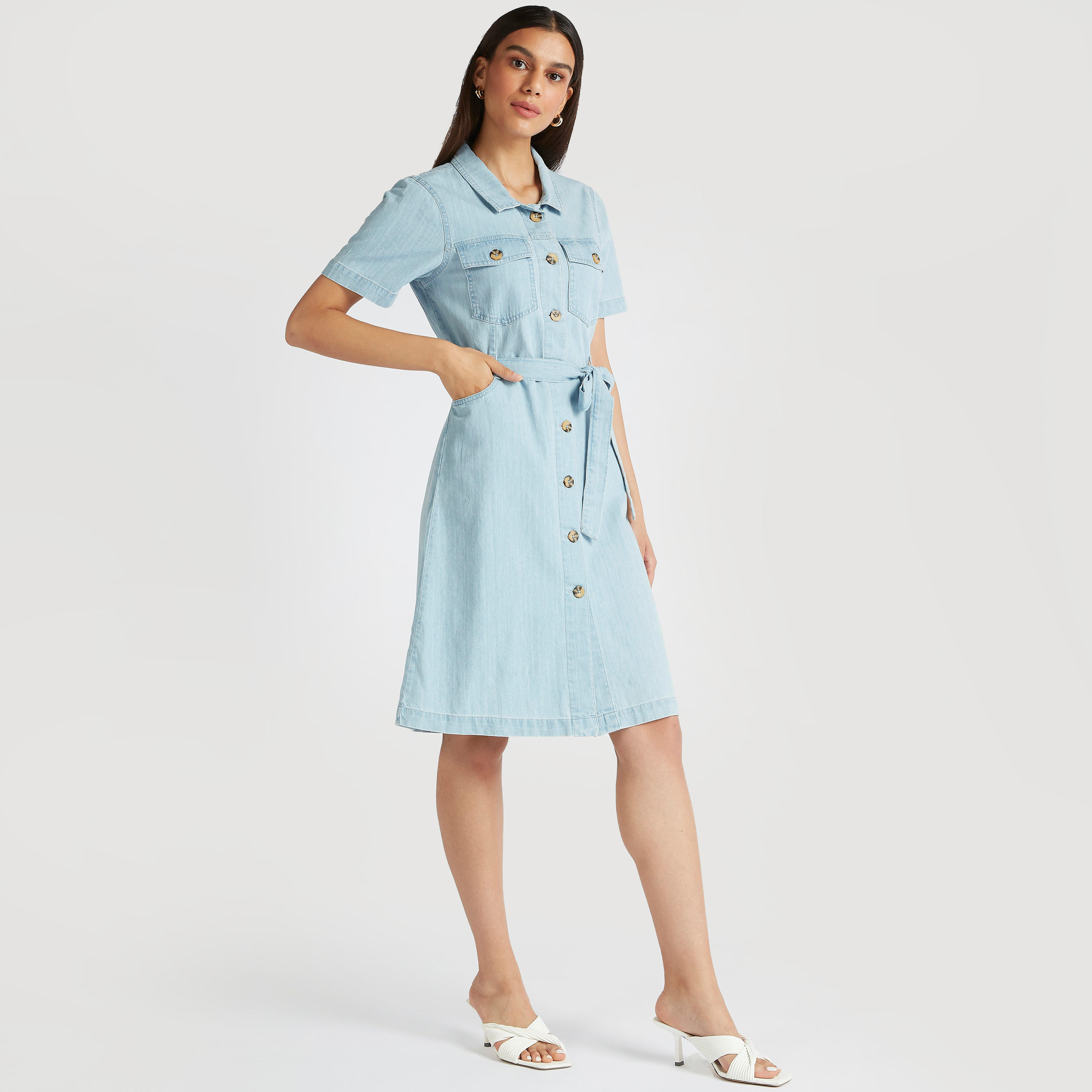 فستان قميص ميدي سادة بجيوب وحزام برباط-women-clothing-dresses-image-6
