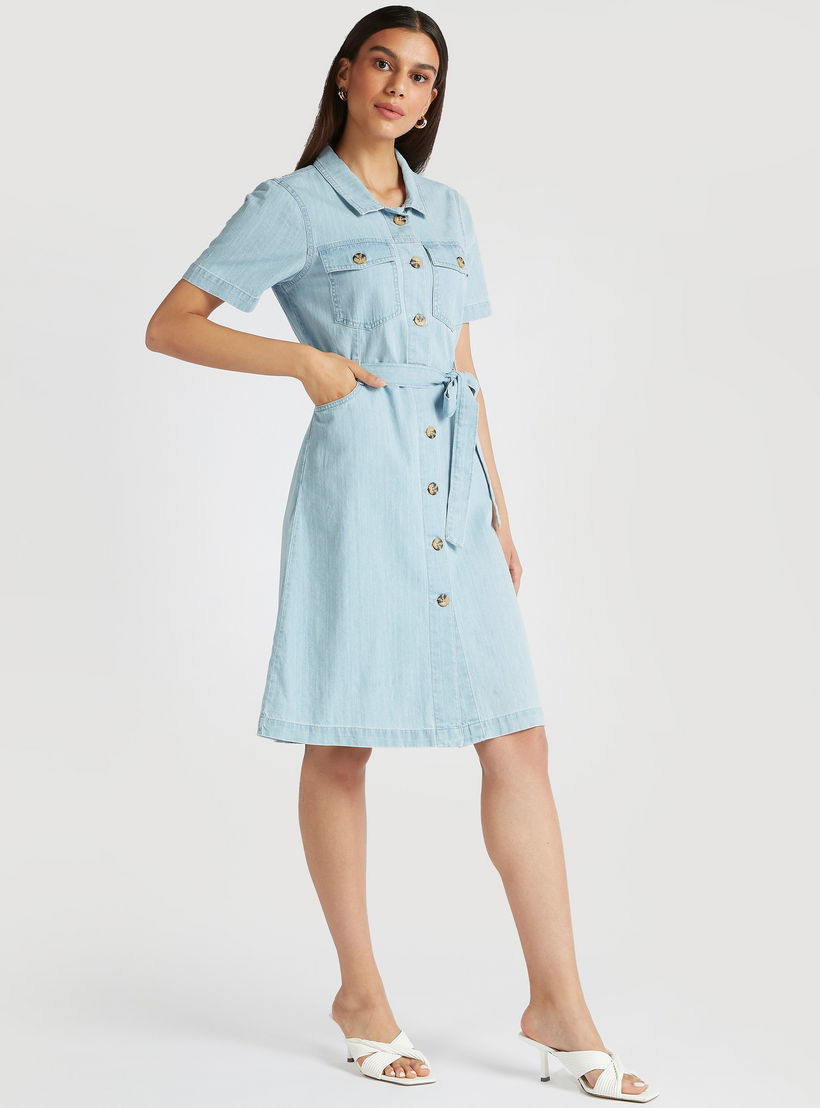 فستان قميص ميدي سادة بجيوب وحزام برباط-women-clothing-dresses-image-6