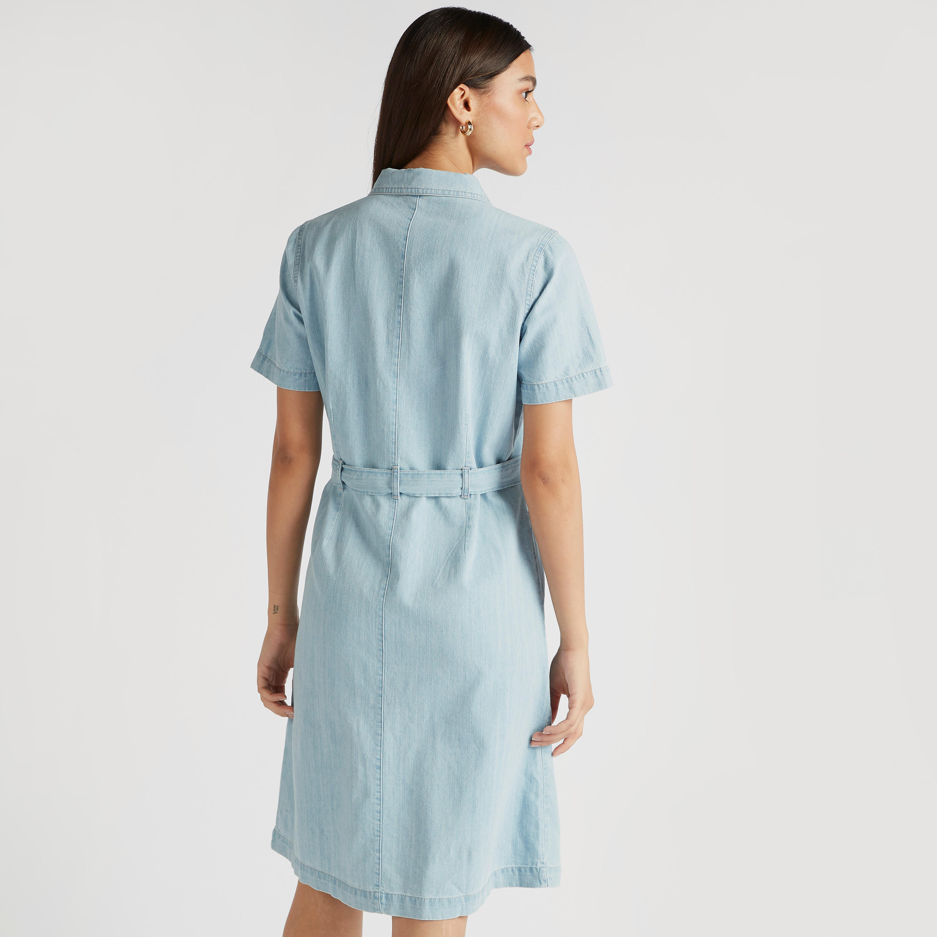فستان قميص ميدي سادة بجيوب وحزام برباط-women-clothing-dresses-image-5