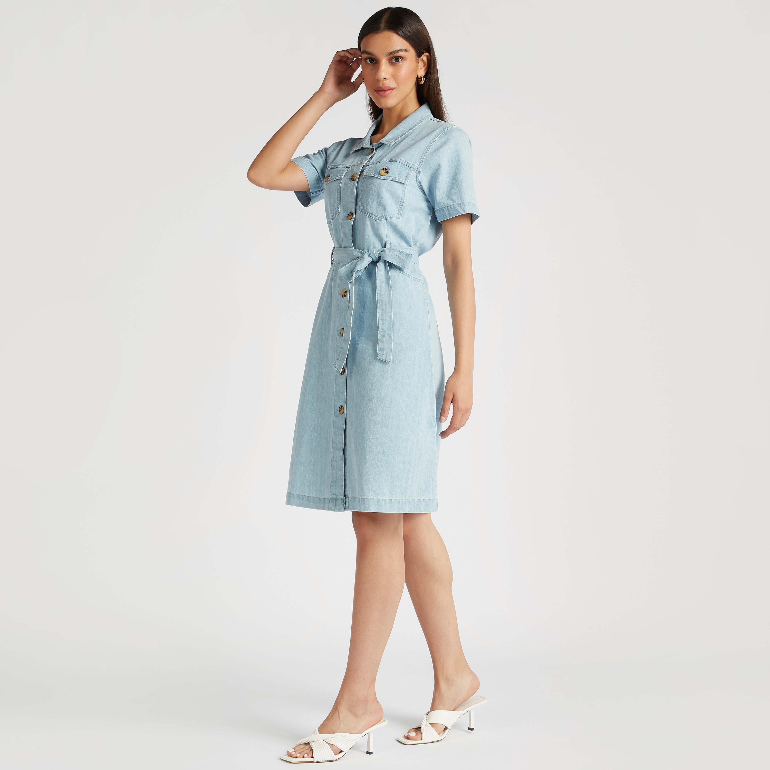 فستان قميص ميدي سادة بجيوب وحزام برباط-women-clothing-dresses-image-4