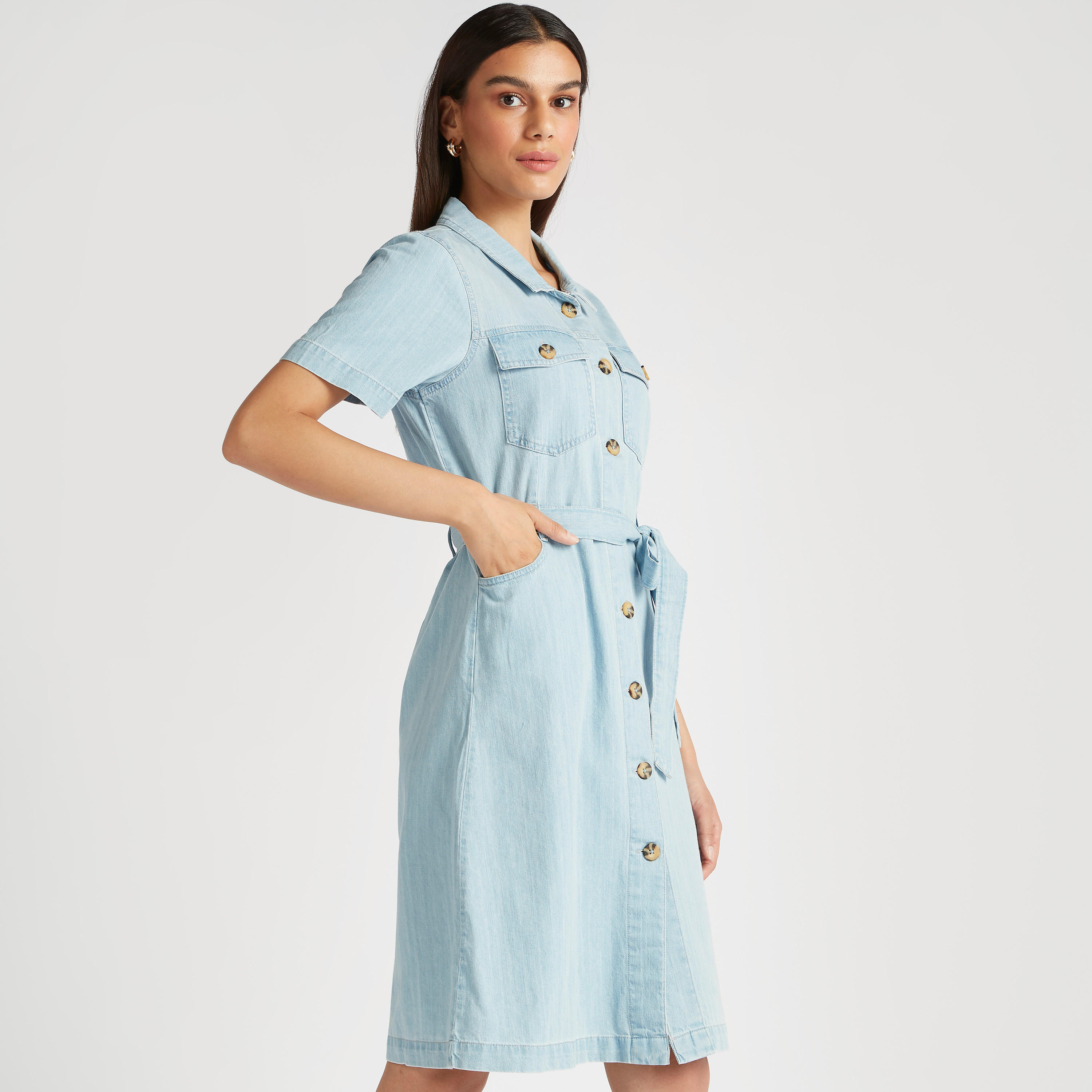 فستان قميص ميدي سادة بجيوب وحزام برباط-women-clothing-dresses-image-1