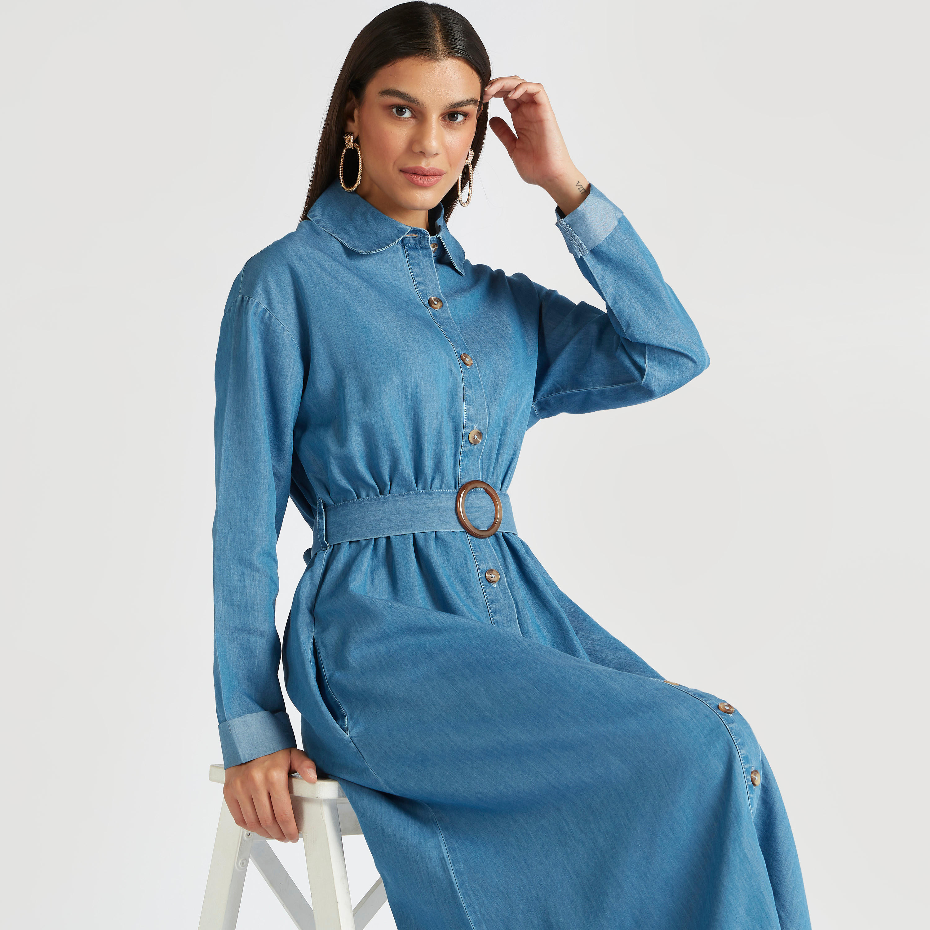 Solid Maxi Shirt Dress with Long Sleeves and Belt-women-clothing-dresses-image-1