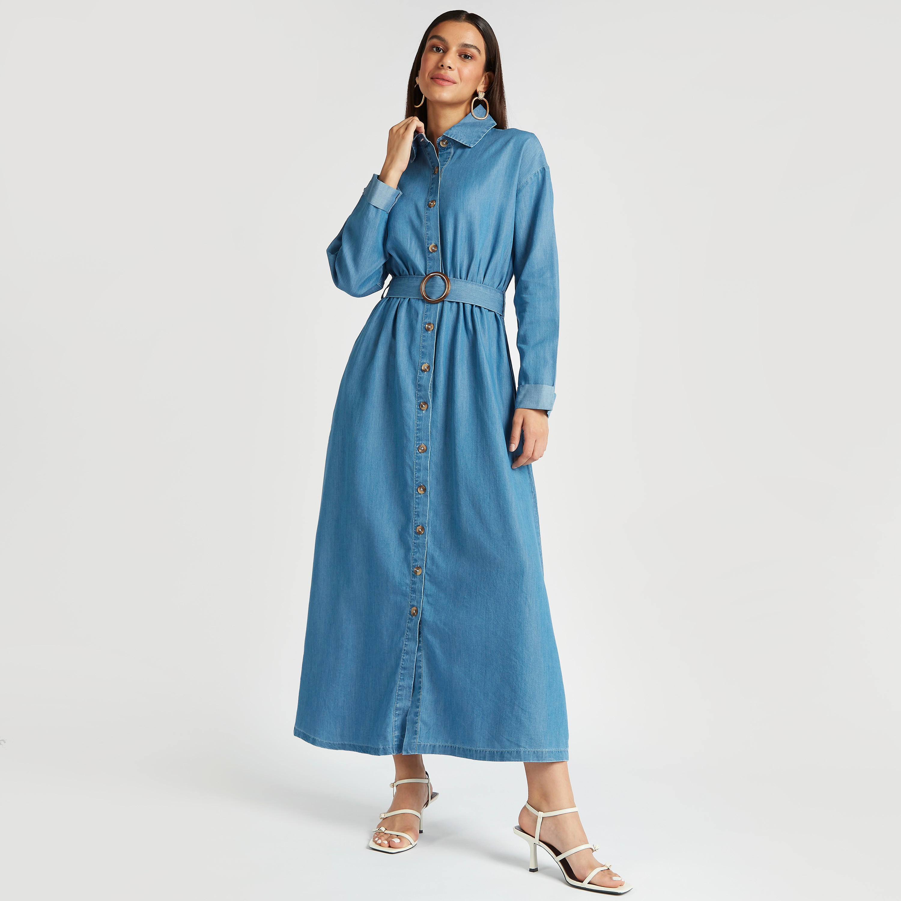 Solid Maxi Shirt Dress with Long Sleeves and Belt-women-clothing-dresses-image-2