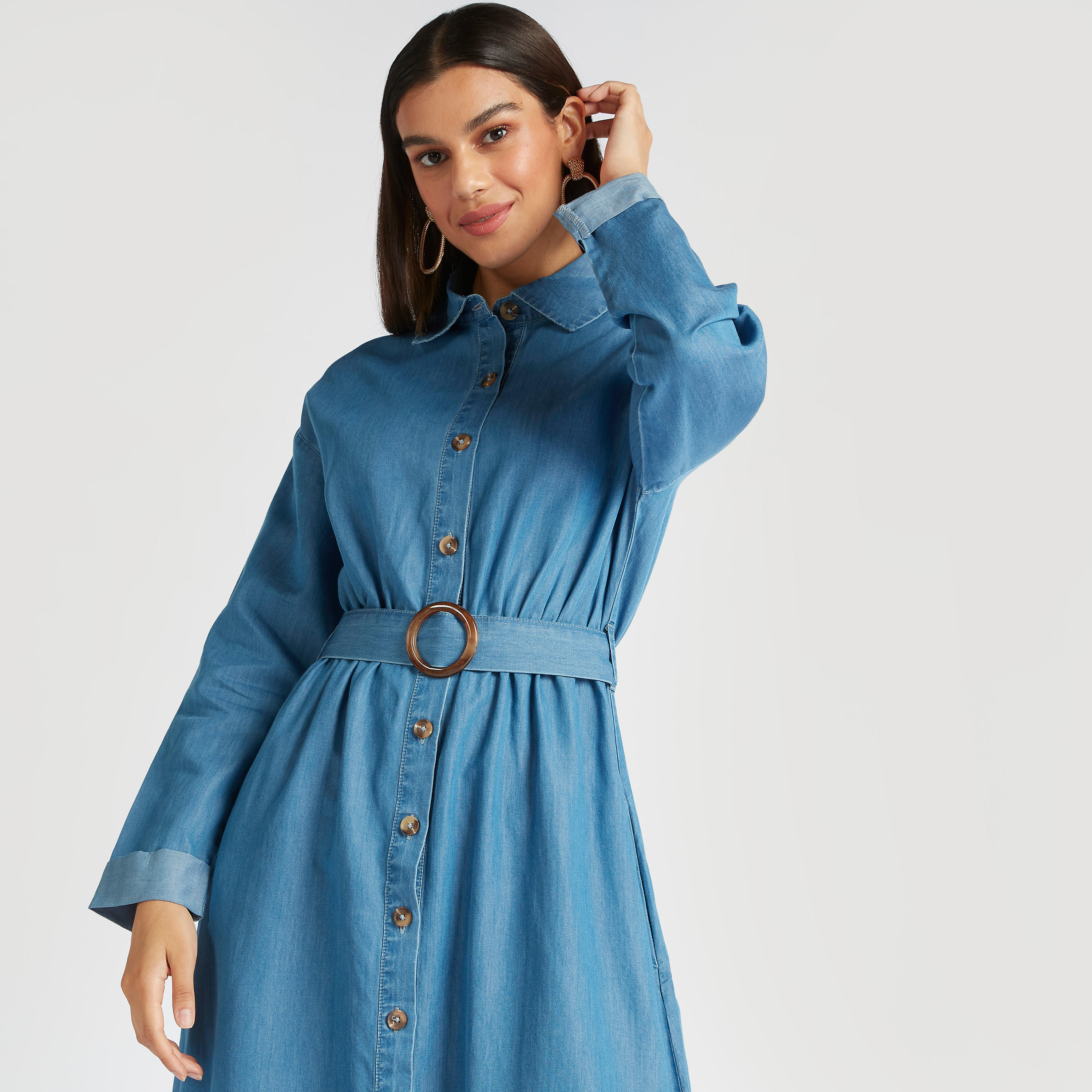 Solid Maxi Shirt Dress with Long Sleeves and Belt-women-clothing-dresses-image-3