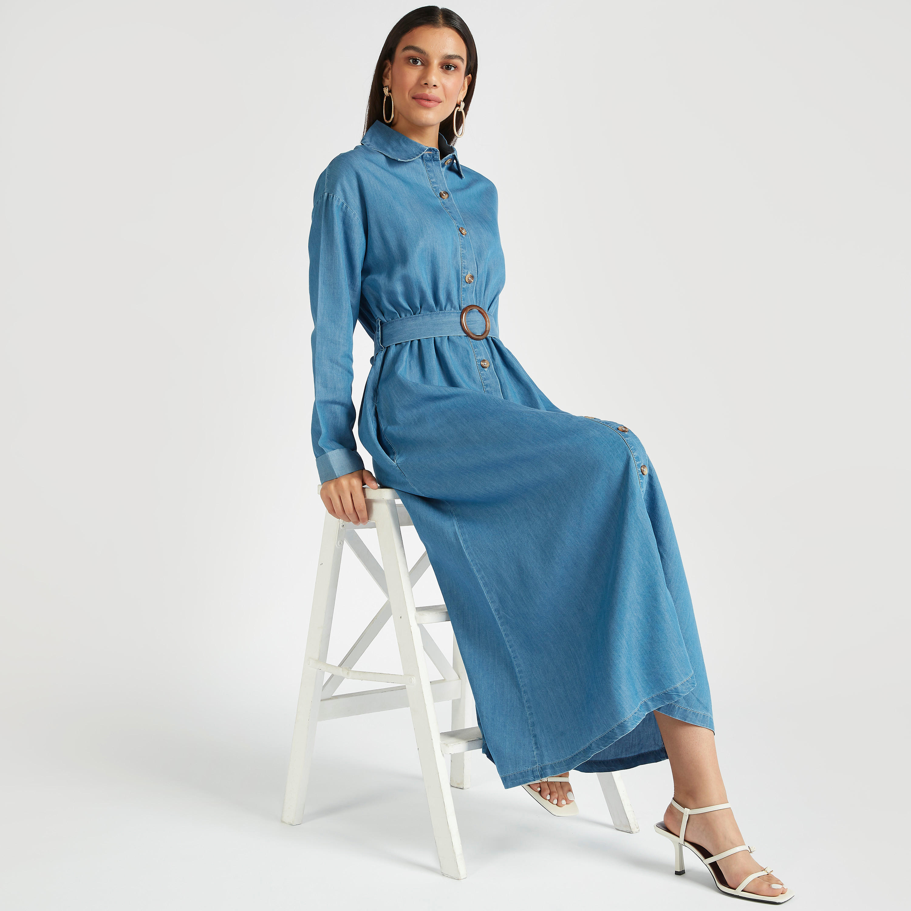 Solid Maxi Shirt Dress with Long Sleeves and Belt-women-clothing-dresses-image-6