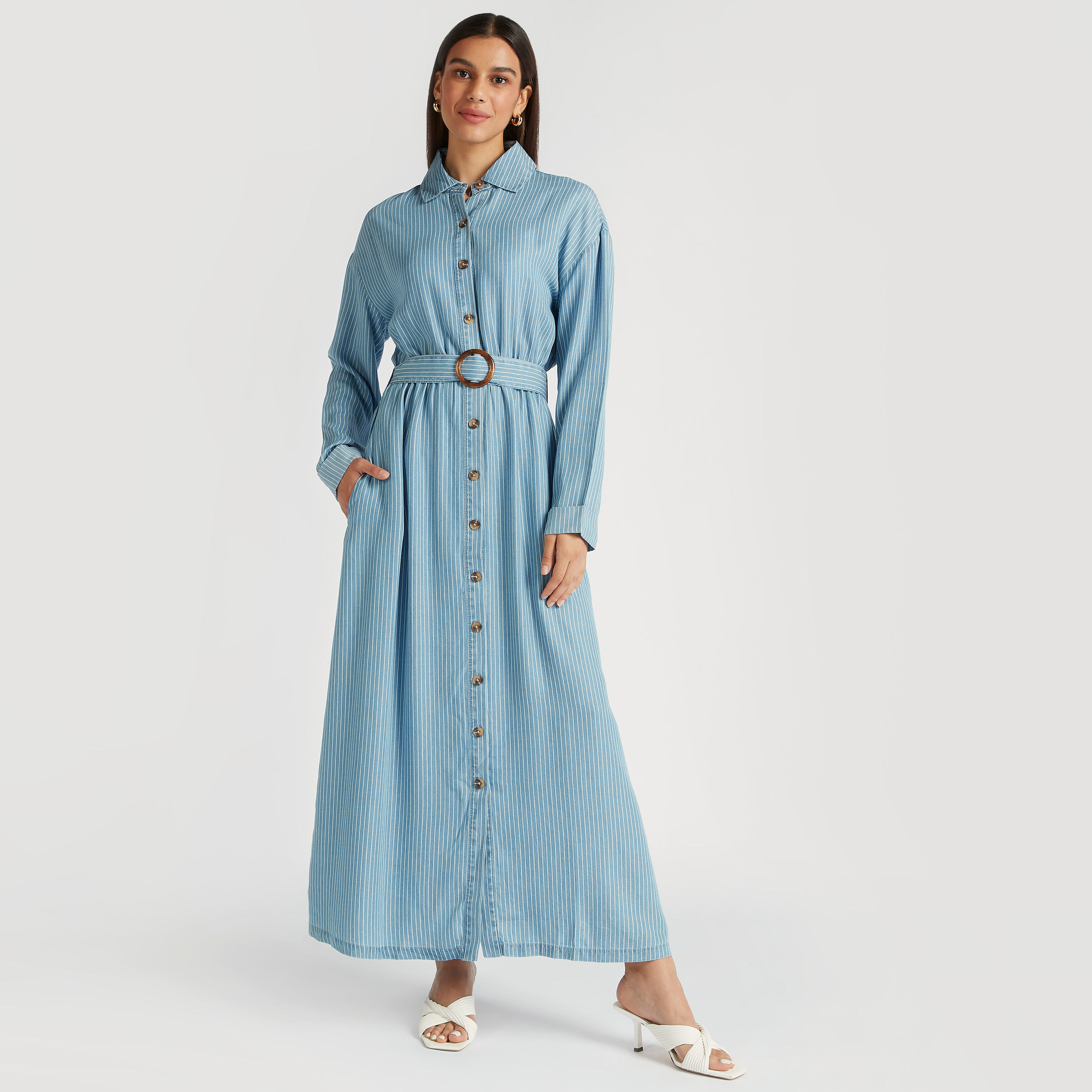 فستان قميص مقلّم واسع بأكمام طويلة وحزام-women-clothing-dresses-image-1