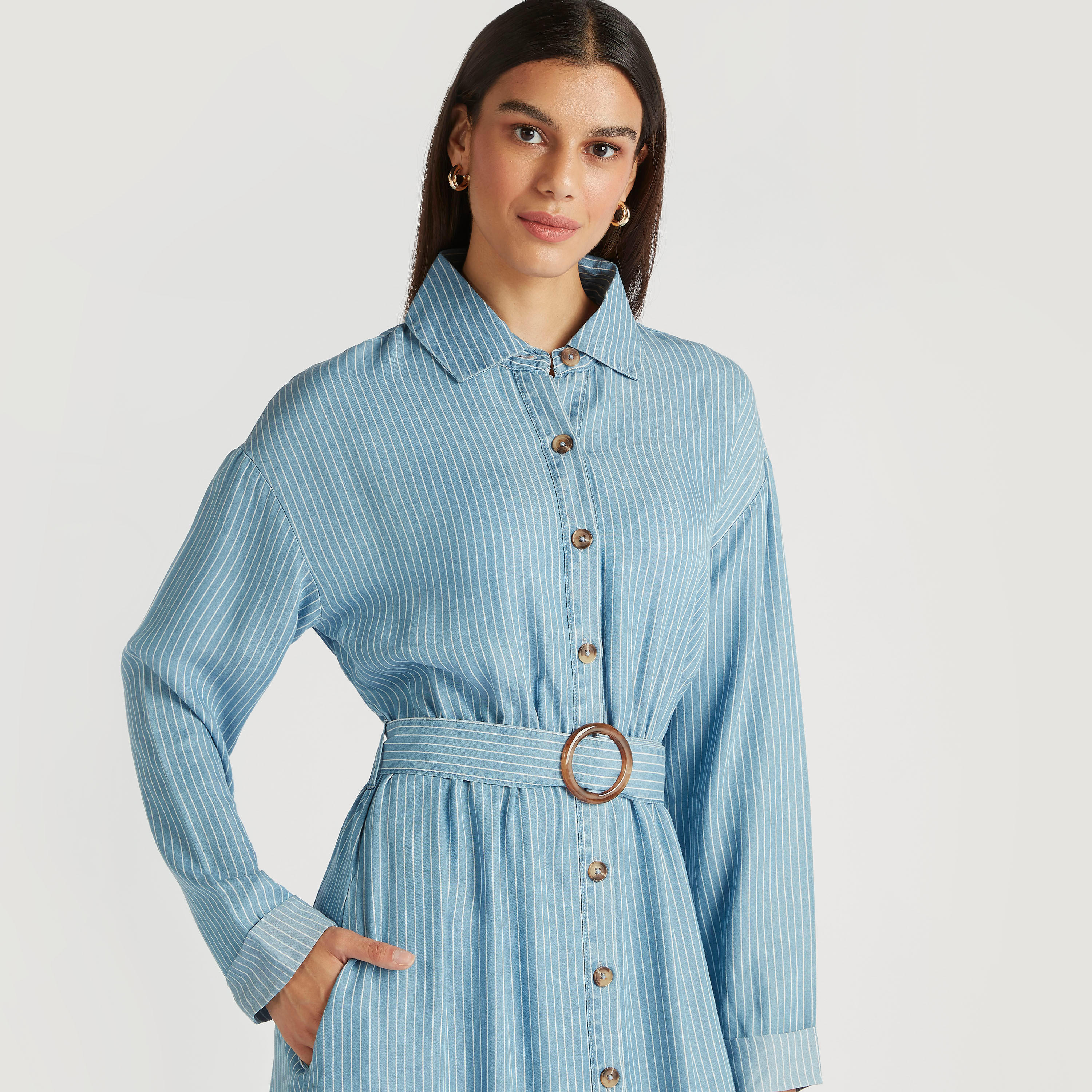 فستان قميص مقلّم واسع بأكمام طويلة وحزام-women-clothing-dresses-image-2