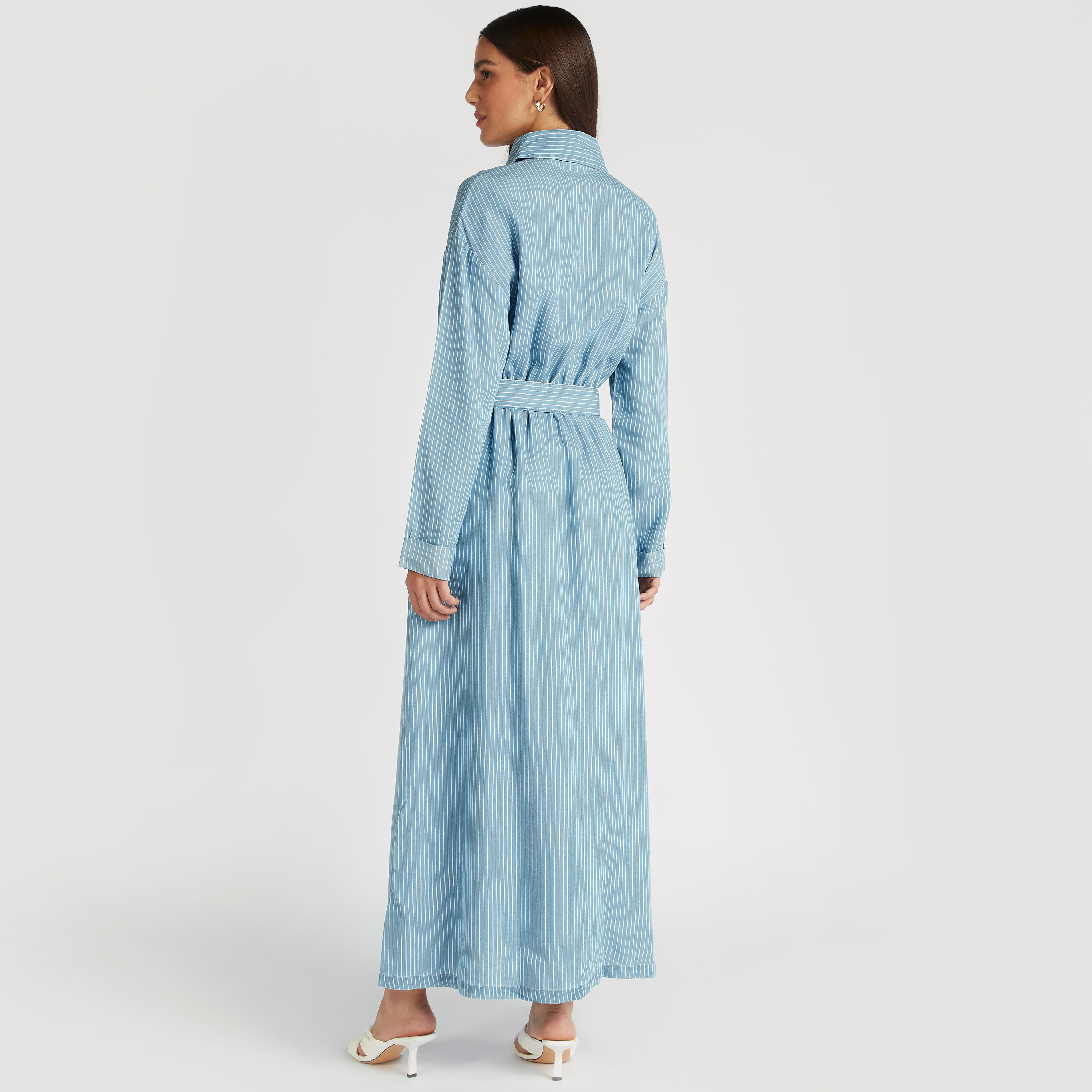 فستان قميص مقلّم واسع بأكمام طويلة وحزام-women-clothing-dresses-image-4