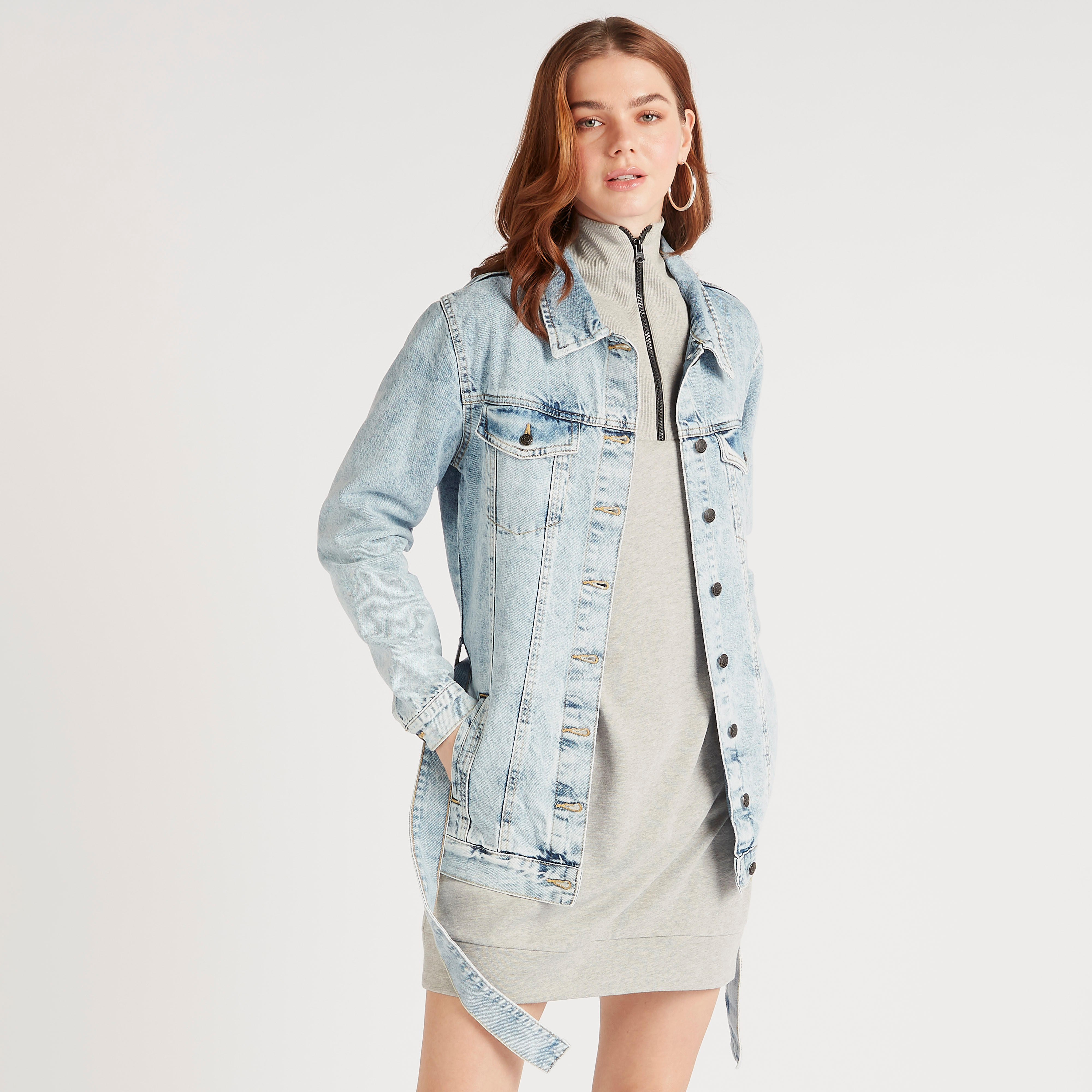 Solid Denim Jacket with Pockets and Tie-Up Belt-women-winterwear-coatsandjackets-jackets-image-1