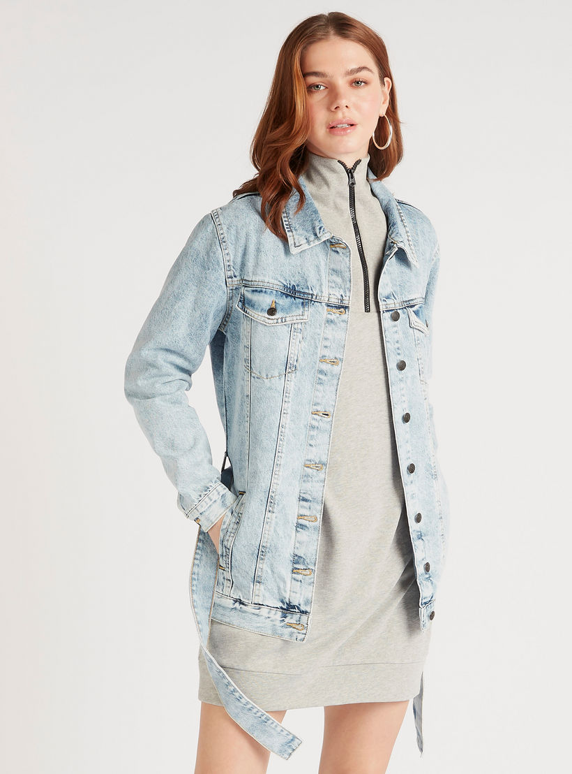 Solid Denim Jacket with Pockets and Tie-Up Belt-women-winterwear-coatsandjackets-jackets-image-1