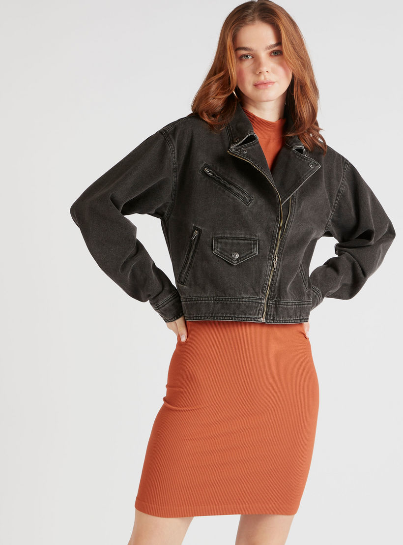 Solid Denim Biker Jacket with Zip Closure and Pockets-women-winterwear-coatsandjackets-jackets-image-1