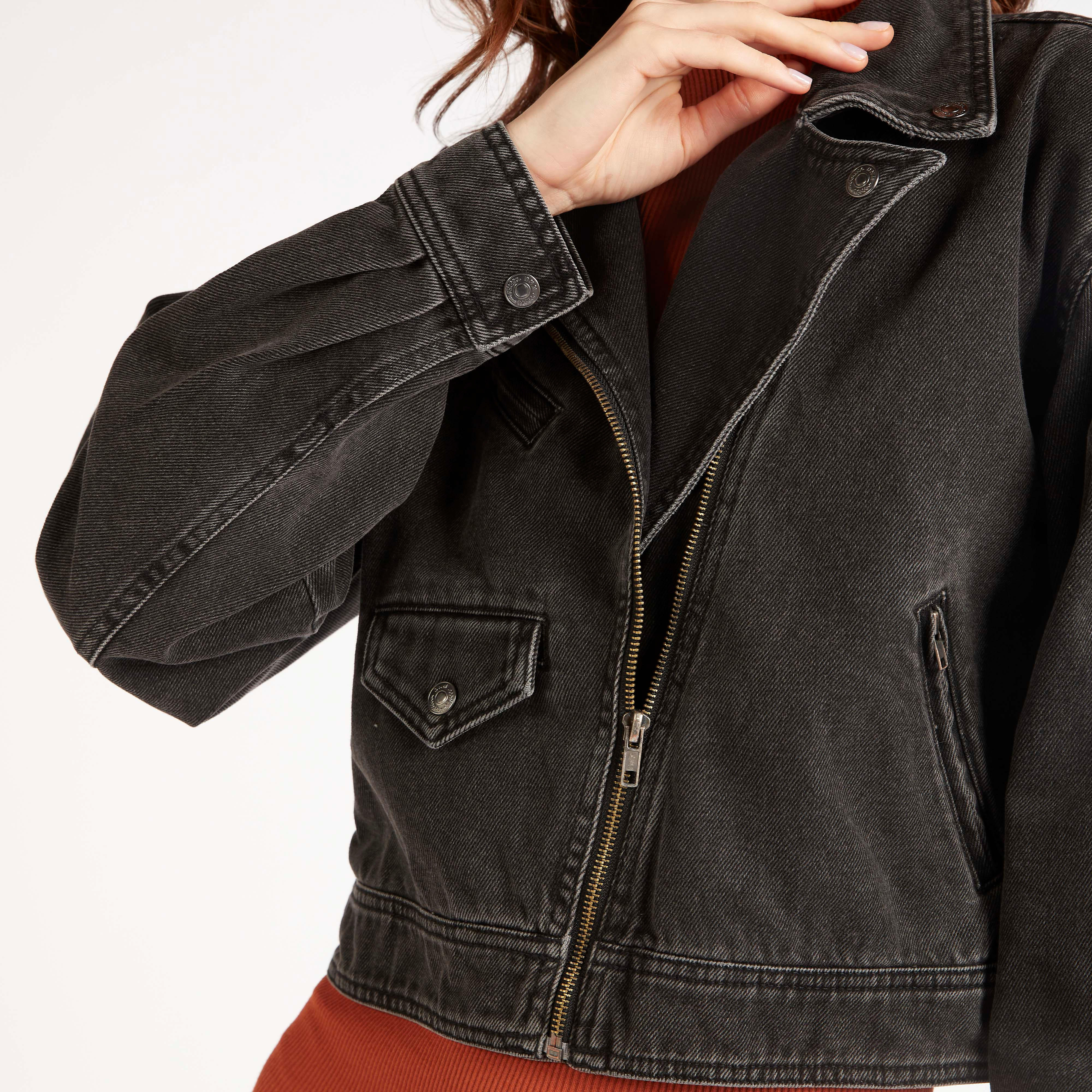 Solid Denim Biker Jacket with Zip Closure and Pockets-women-winterwear-coatsandjackets-jackets-image-3