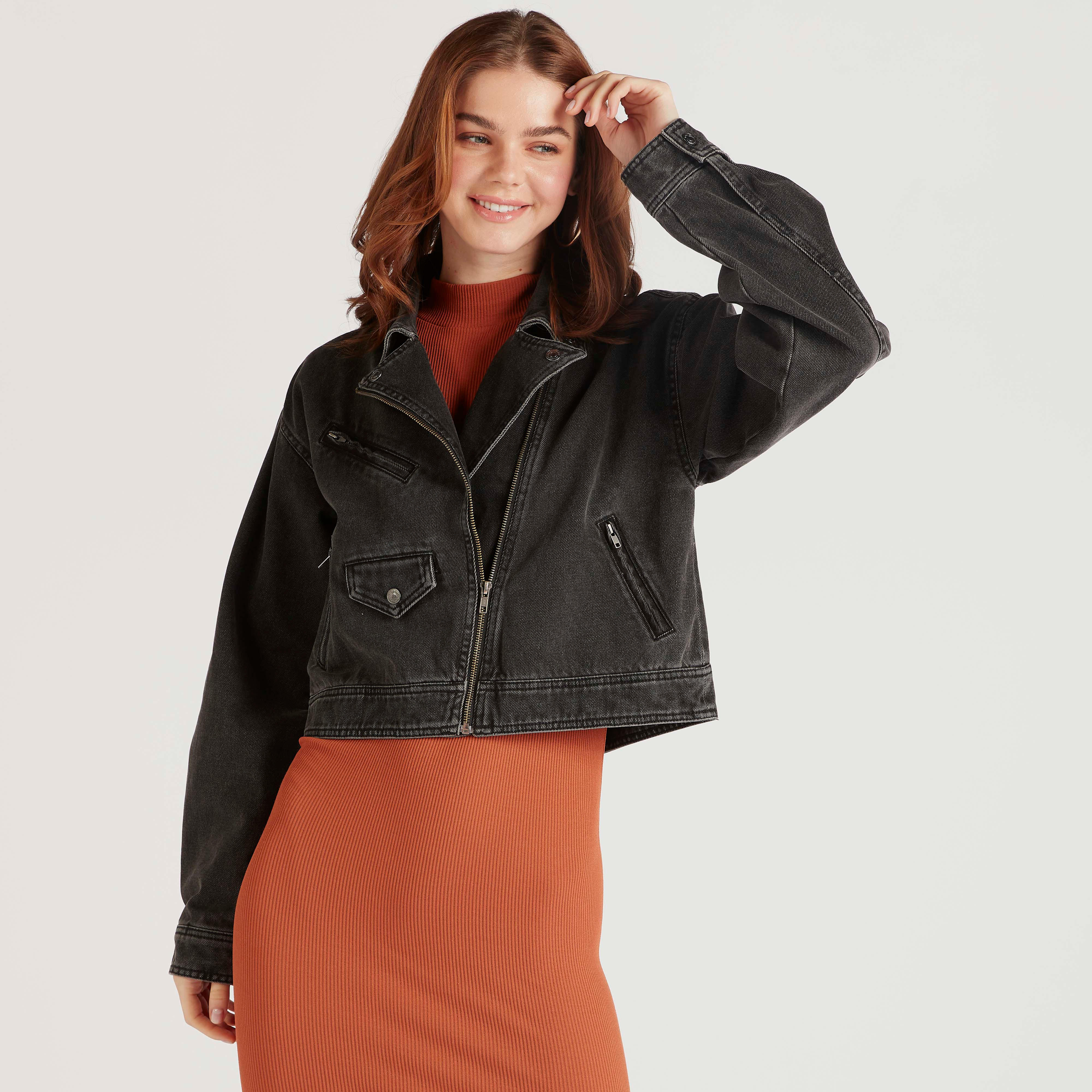 Solid Denim Biker Jacket with Zip Closure and Pockets-women-winterwear-coatsandjackets-jackets-image-5