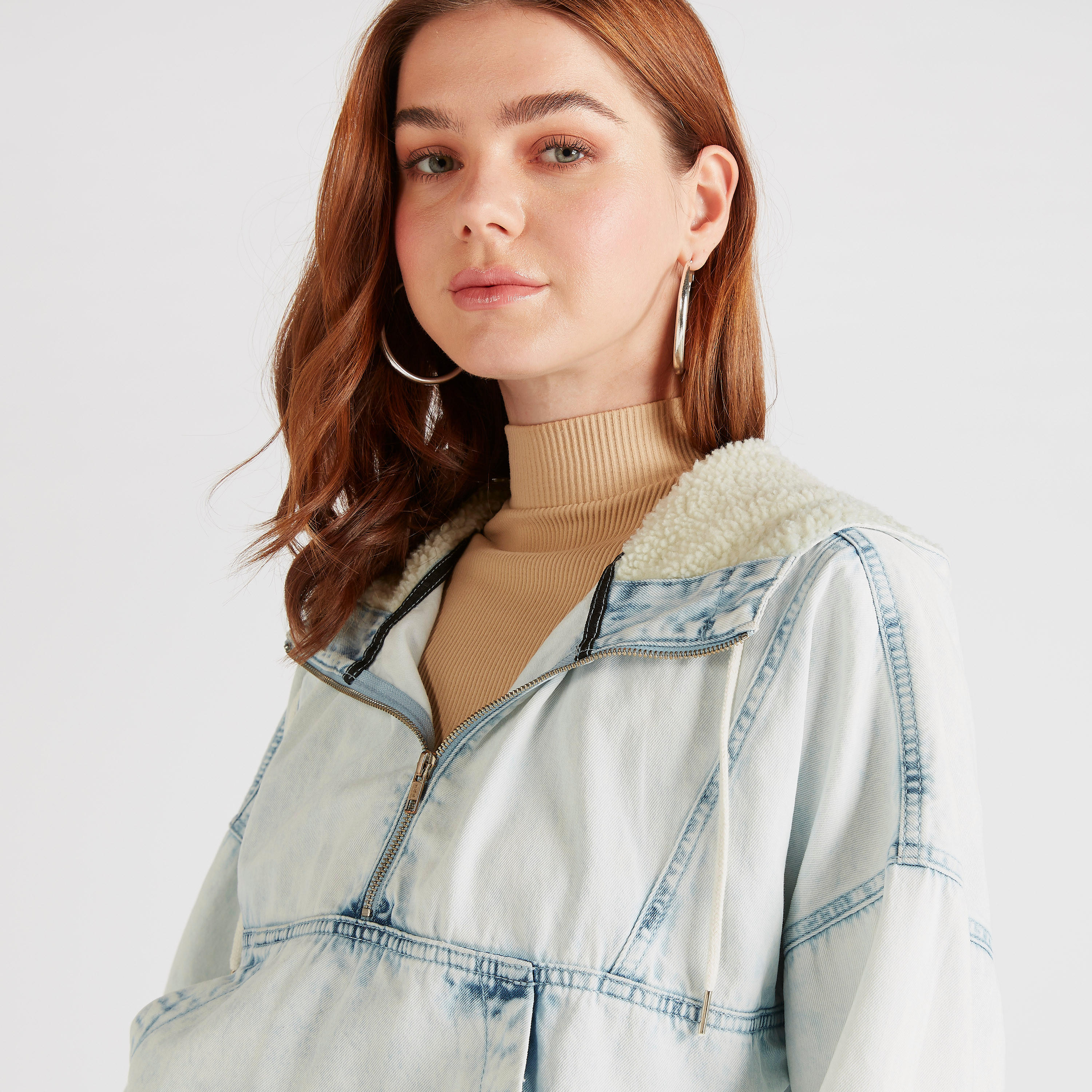 Lee Cooper Solid Zip Through Denim Jacket with Hood and Pockets-women-winterwear-coatsandjackets-jackets-image-3