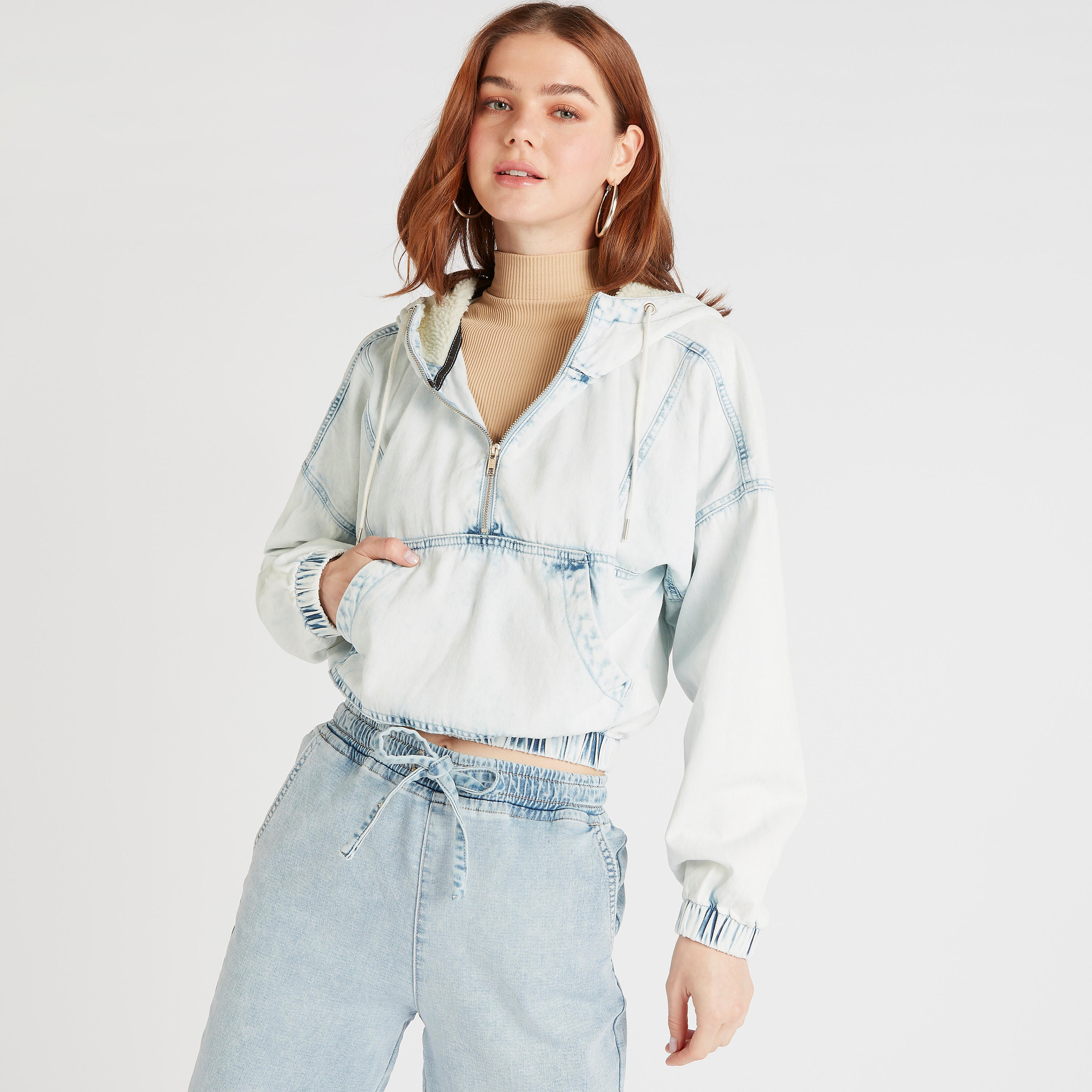 Lee Cooper Solid Zip Through Denim Jacket with Hood and Pockets-women-winterwear-coatsandjackets-jackets-image-5