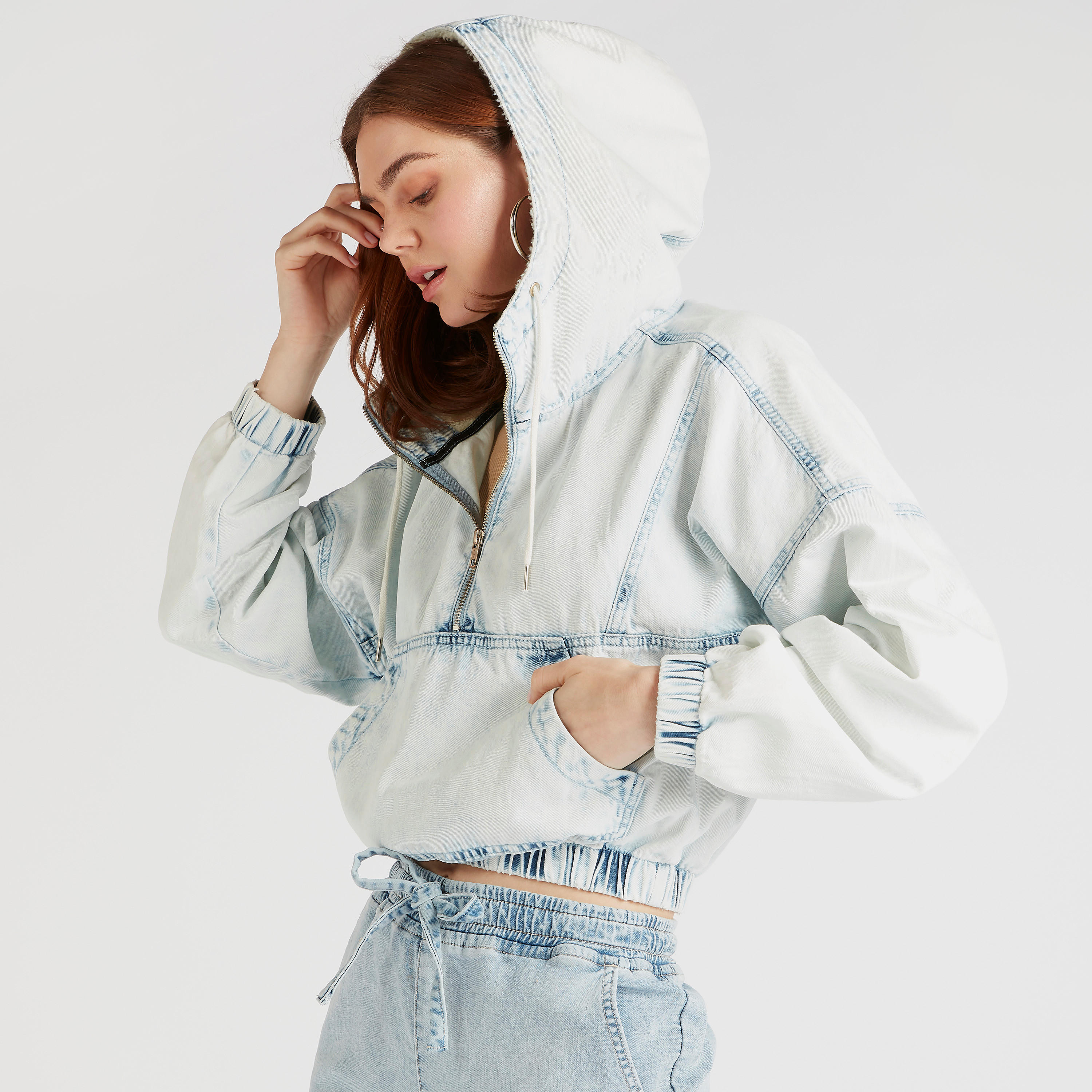Lee Cooper Solid Zip Through Denim Jacket with Hood and Pockets-women-winterwear-coatsandjackets-jackets-image-6