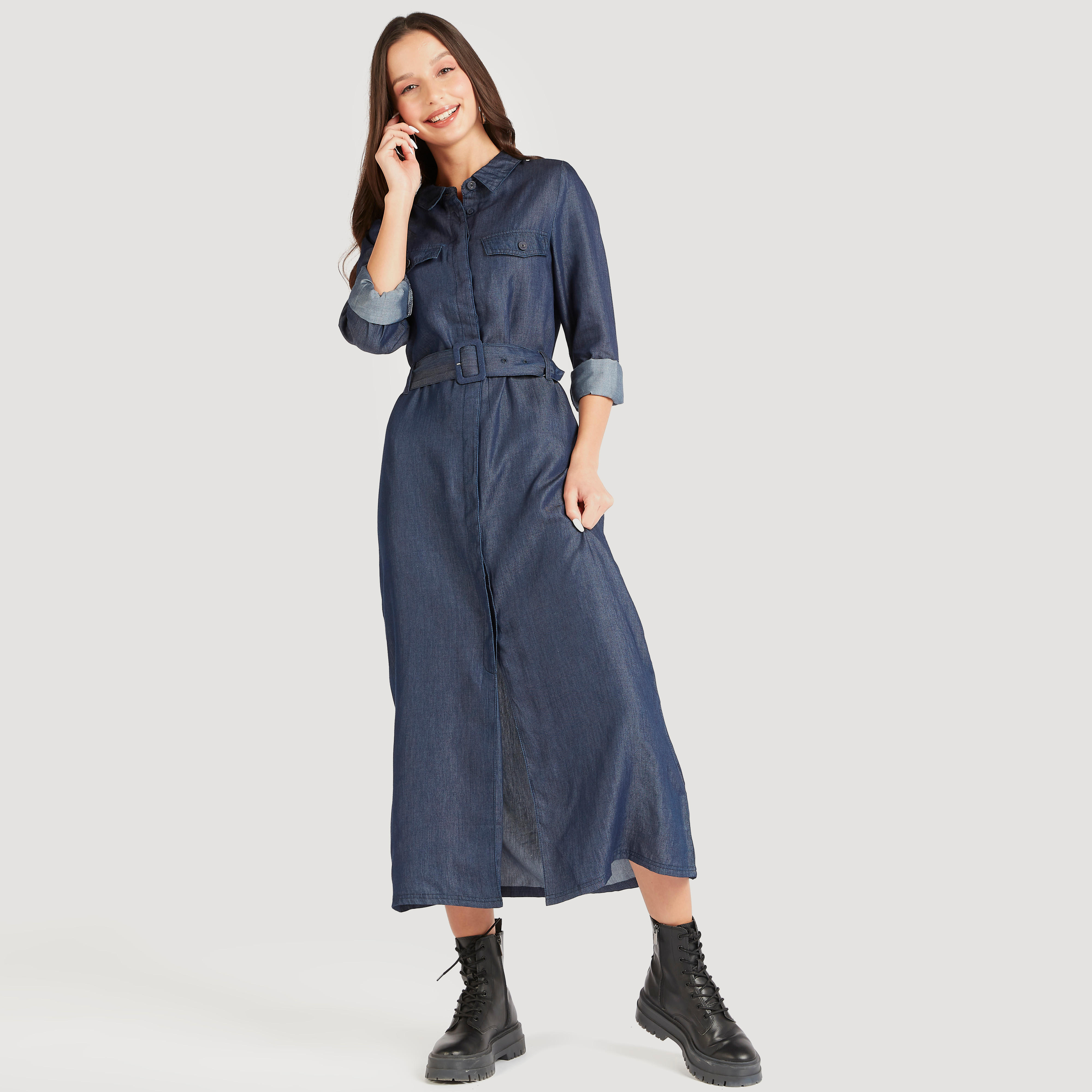 فستان واسع دنيم بحزام وأكمام طويلة-women-clothing-dresses-image-1