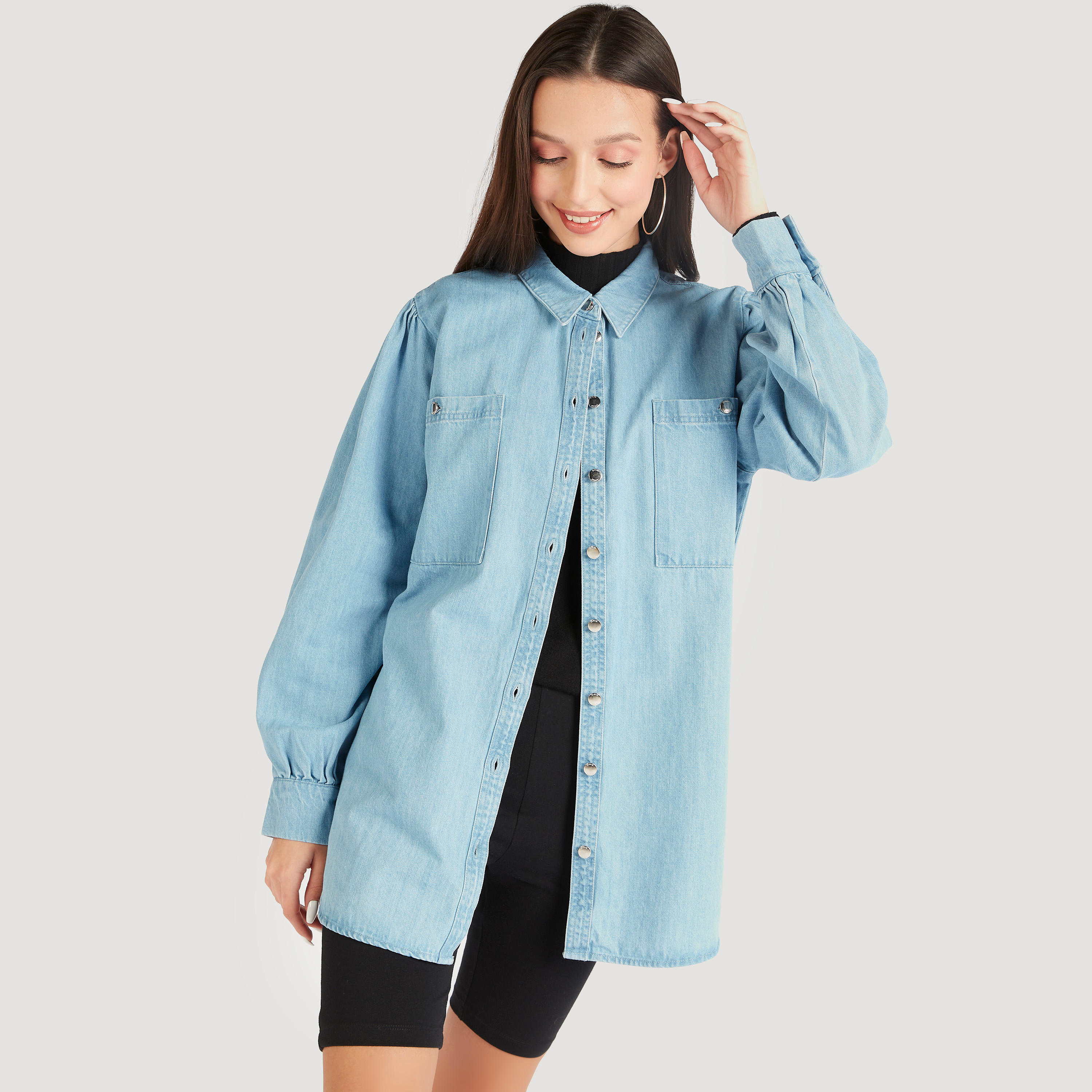 Oversized Shirt with Long Sleeves and Button Closure-women-clothing-shirtsandblouses-shirts-image-1