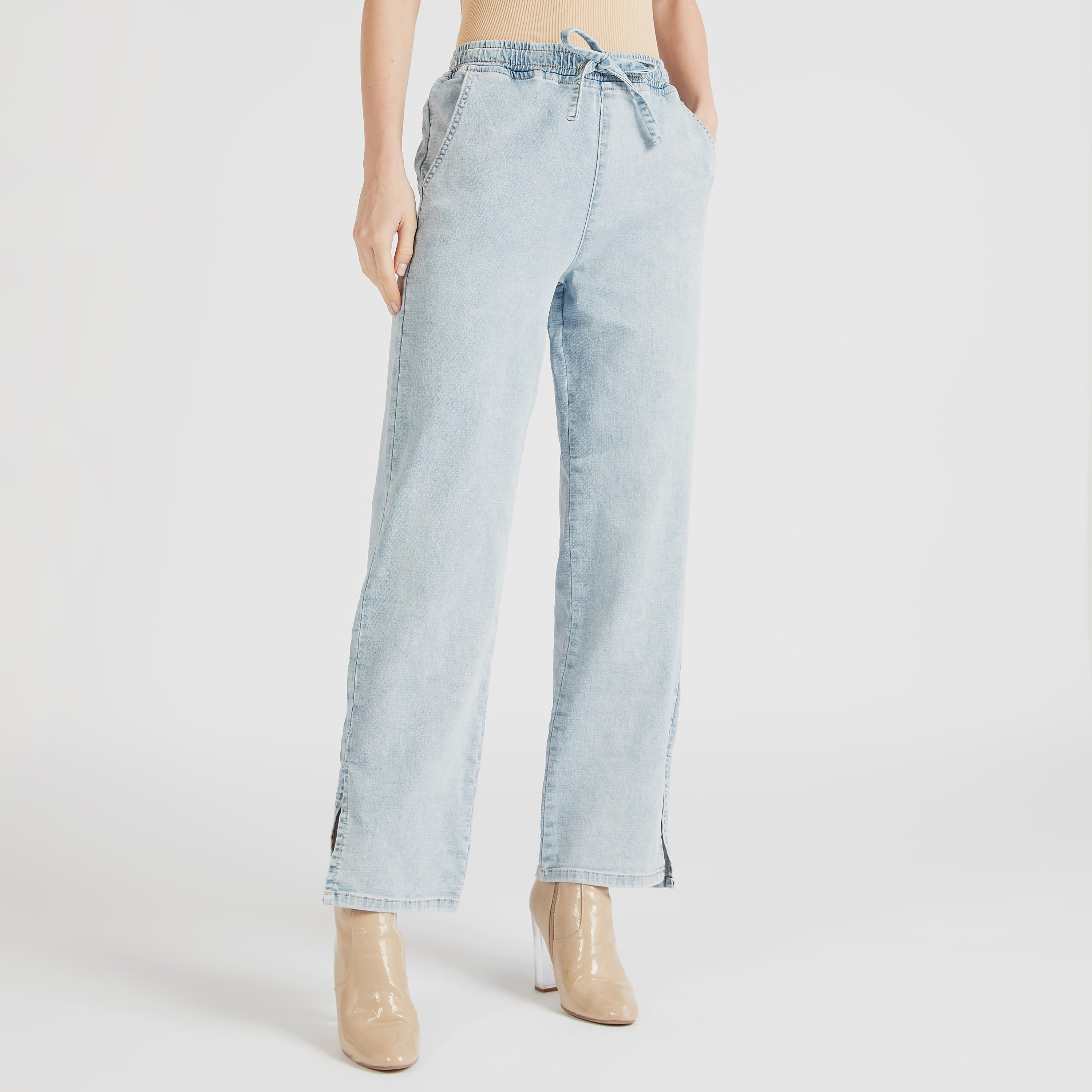 بنطلون جينز سادة برباط إغلاق وجيوب-women-clothing-bottoms-jeans-image-2