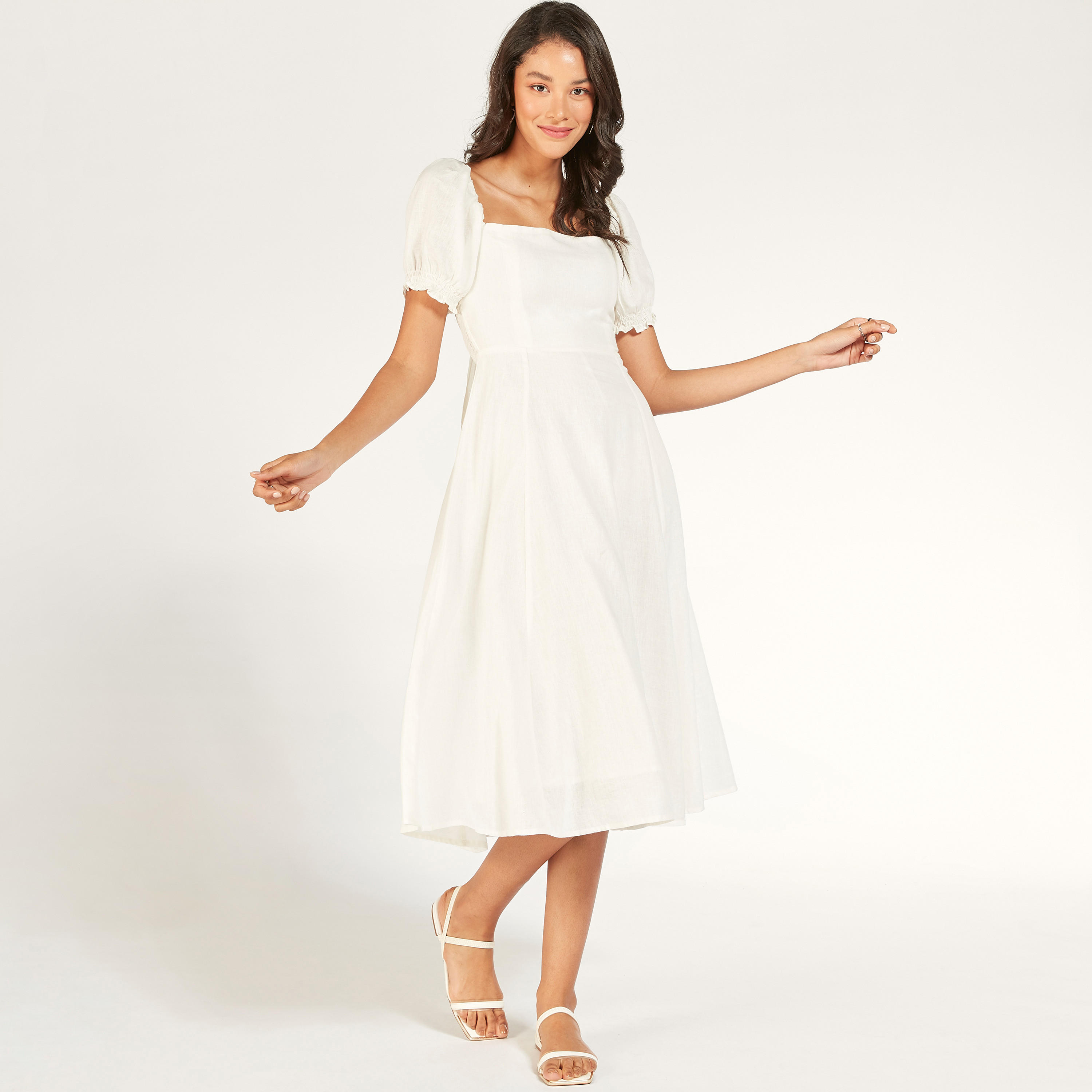 فستان إيه لاين سادة بياقة مربعة وأربطة وأكمام منفوخة-women-clothing-dresses-image-1