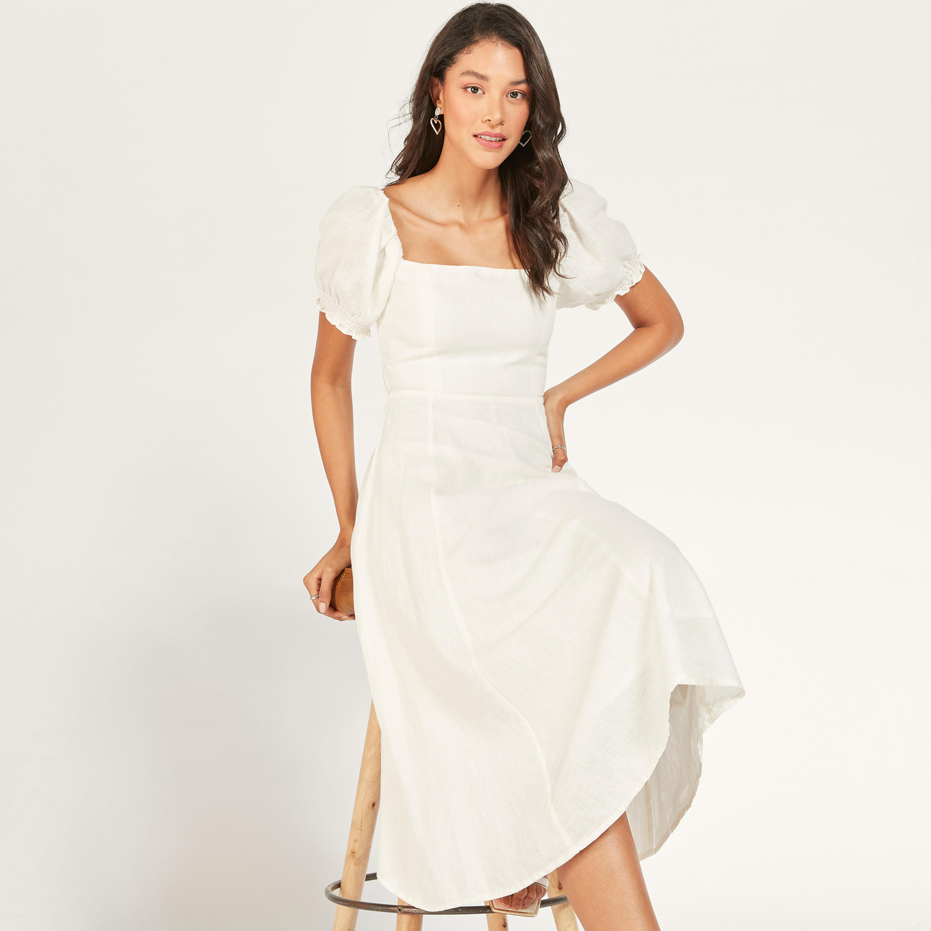 فستان إيه لاين سادة بياقة مربعة وأربطة وأكمام منفوخة-women-clothing-dresses-image-2