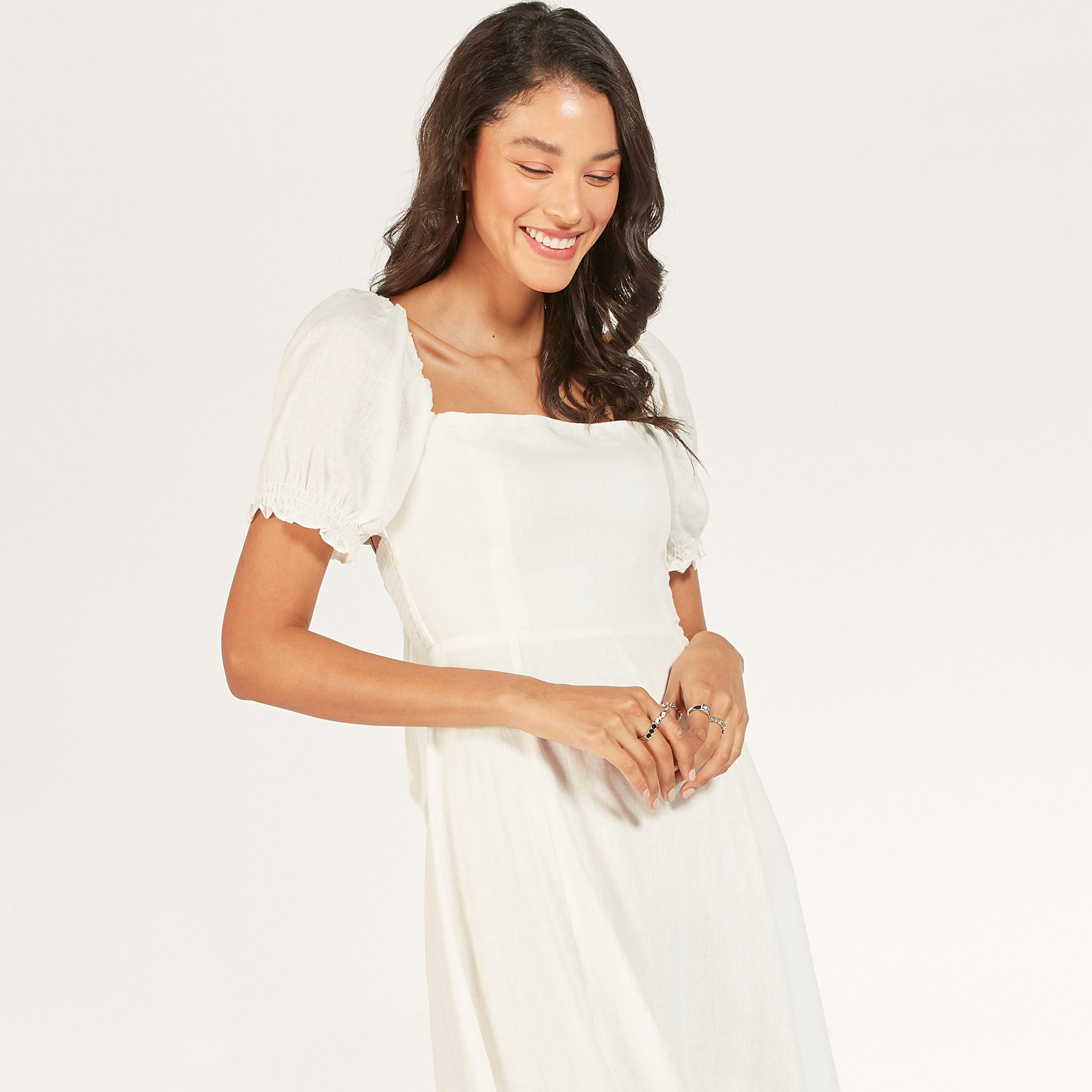 فستان إيه لاين سادة بياقة مربعة وأربطة وأكمام منفوخة-women-clothing-dresses-image-3