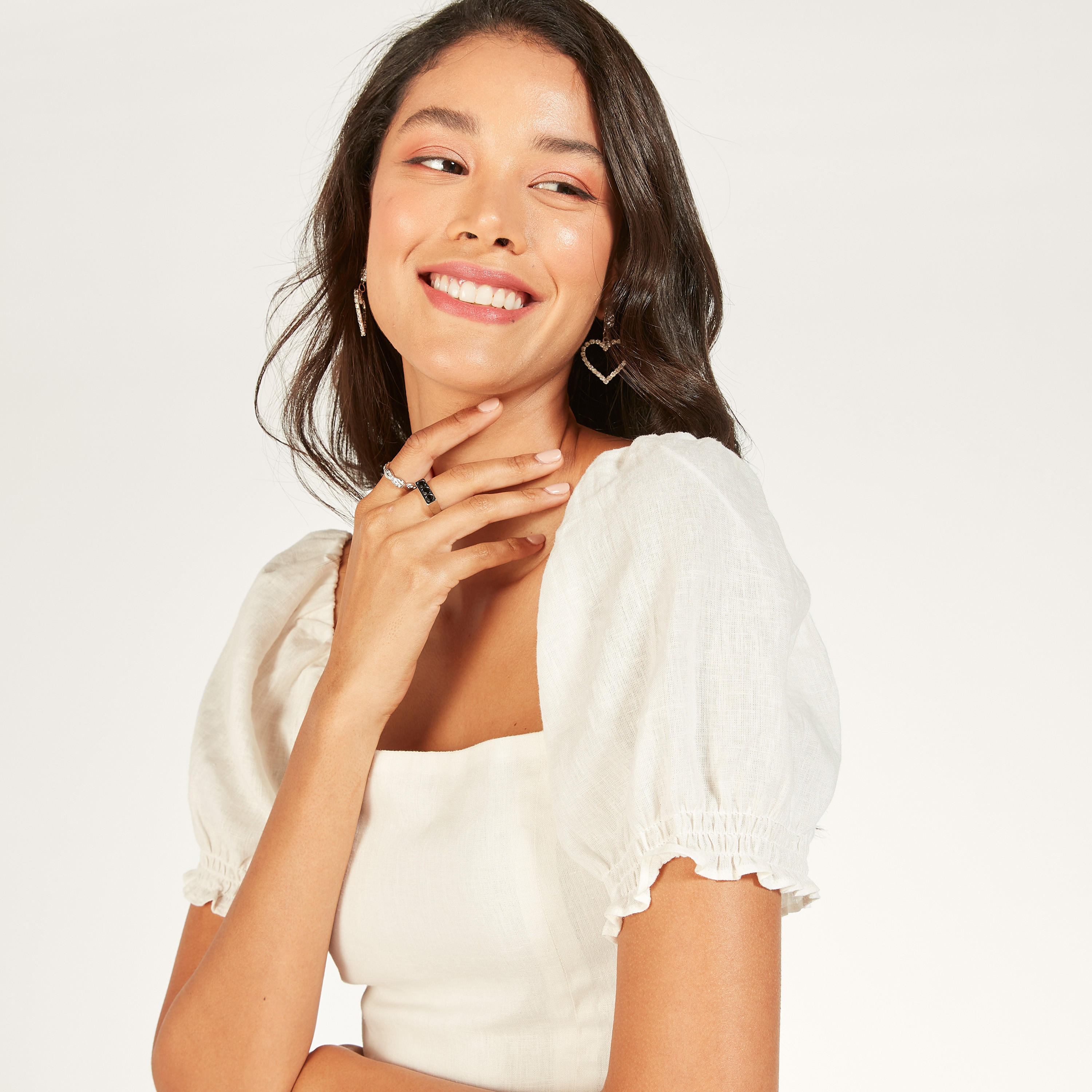 فستان إيه لاين سادة بياقة مربعة وأربطة وأكمام منفوخة-women-clothing-dresses-image-4