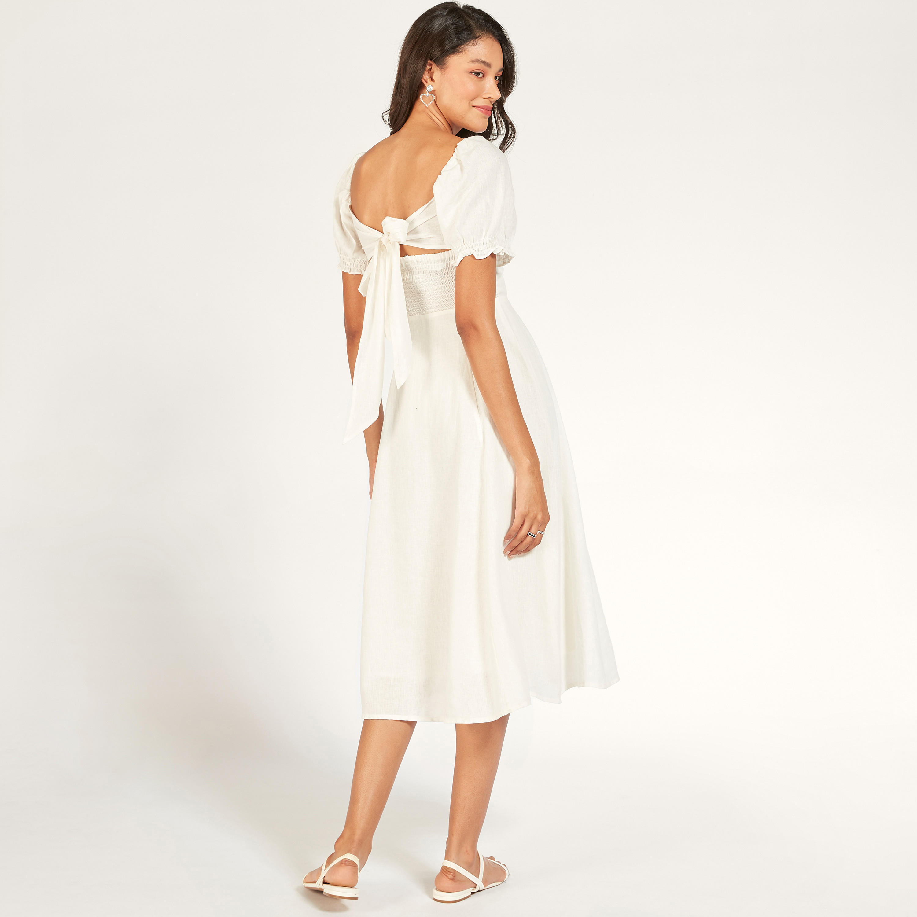 فستان إيه لاين سادة بياقة مربعة وأربطة وأكمام منفوخة-women-clothing-dresses-image-5