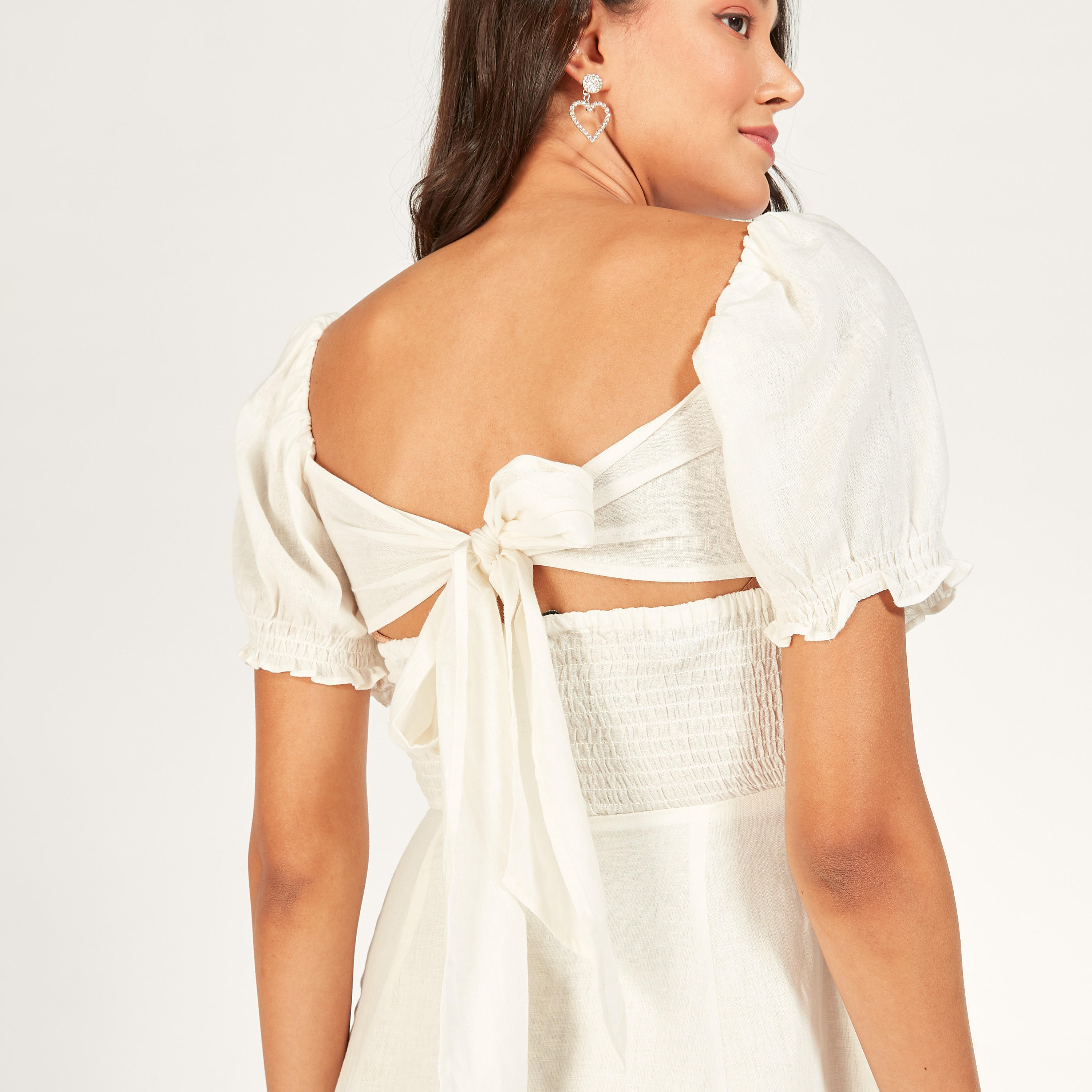 فستان إيه لاين سادة بياقة مربعة وأربطة وأكمام منفوخة-women-clothing-dresses-image-6