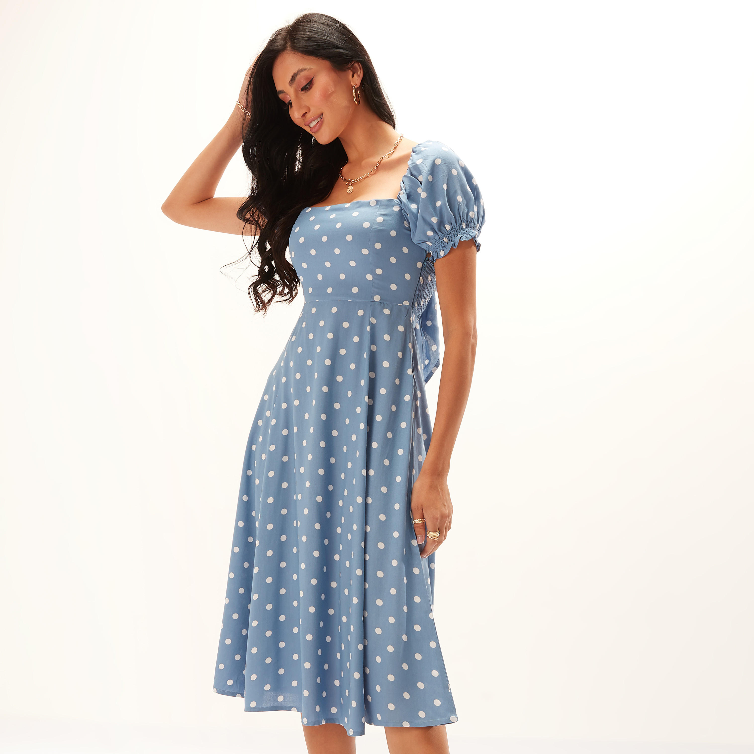 فستان ميدي إيه لاين بطبعات منقّطة وأكمام منفوخة وأربطة-women-clothing-dresses-image-2