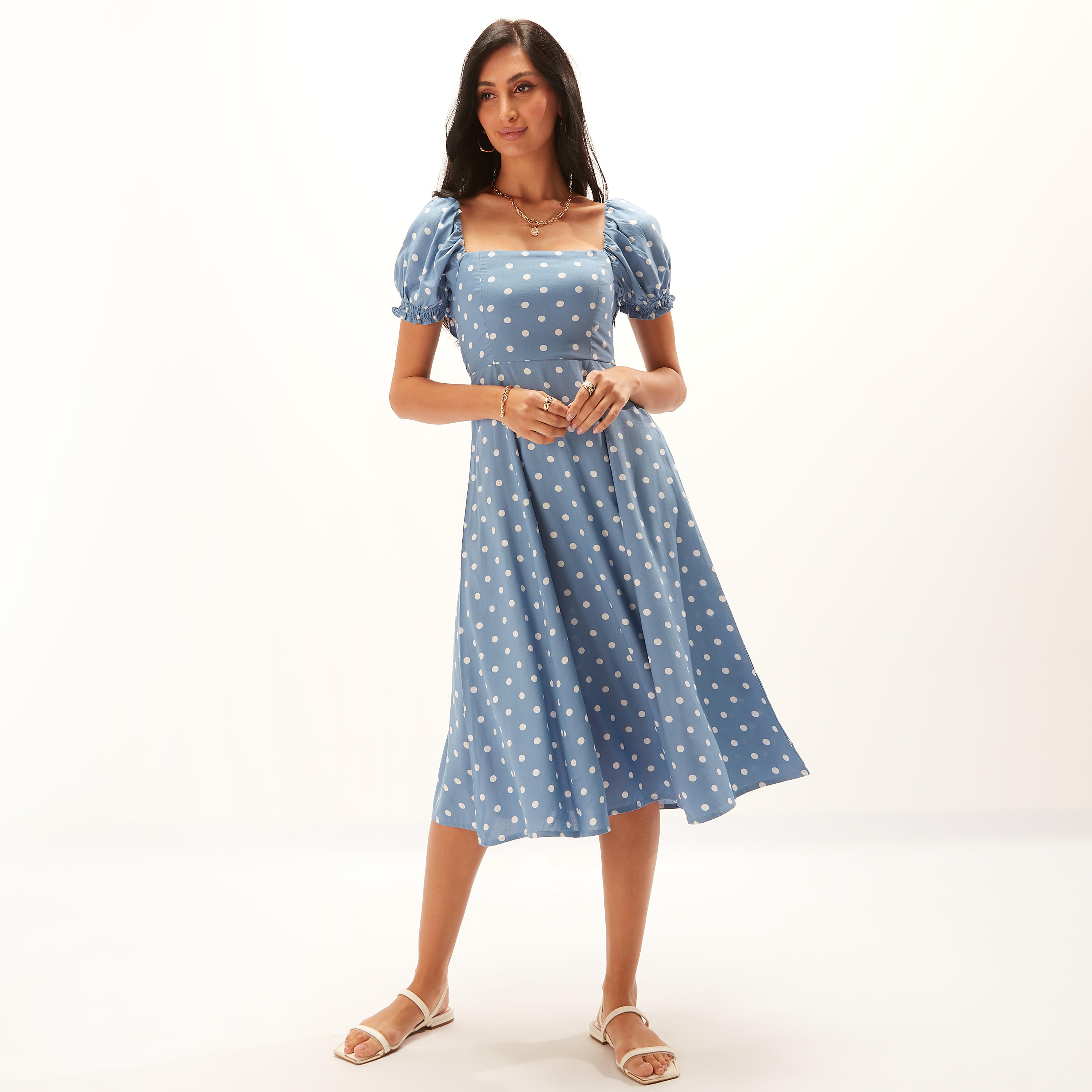 فستان ميدي إيه لاين بطبعات منقّطة وأكمام منفوخة وأربطة-women-clothing-dresses-image-3