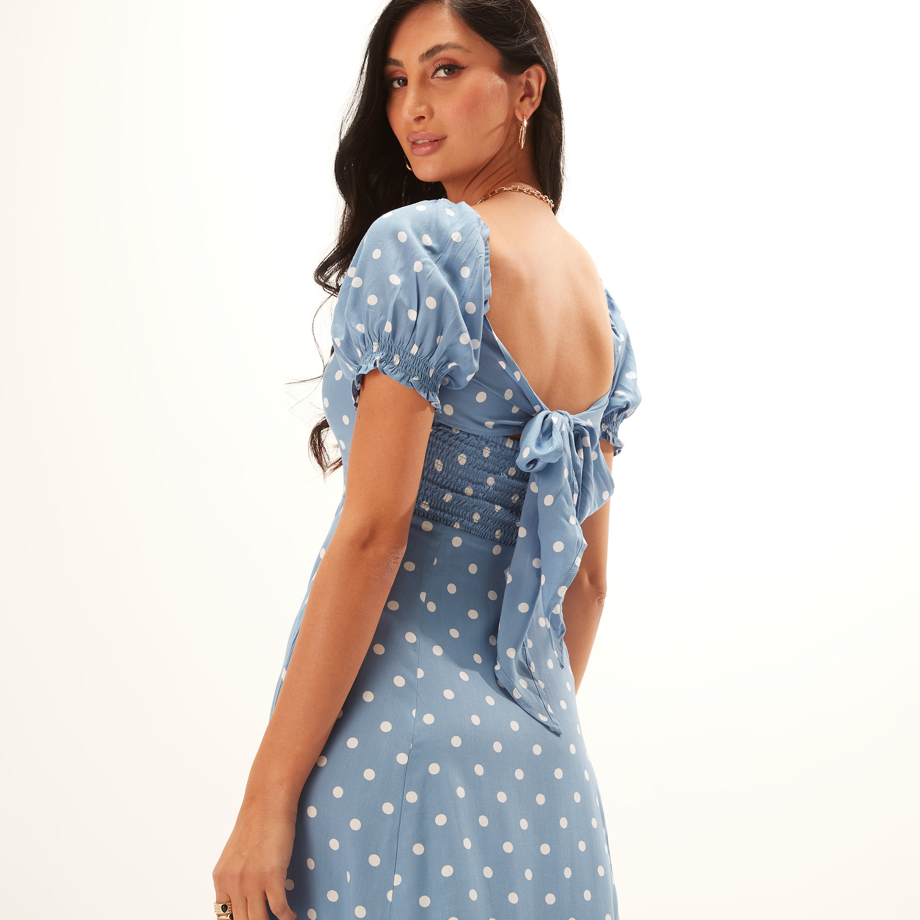 فستان ميدي إيه لاين بطبعات منقّطة وأكمام منفوخة وأربطة-women-clothing-dresses-image-4