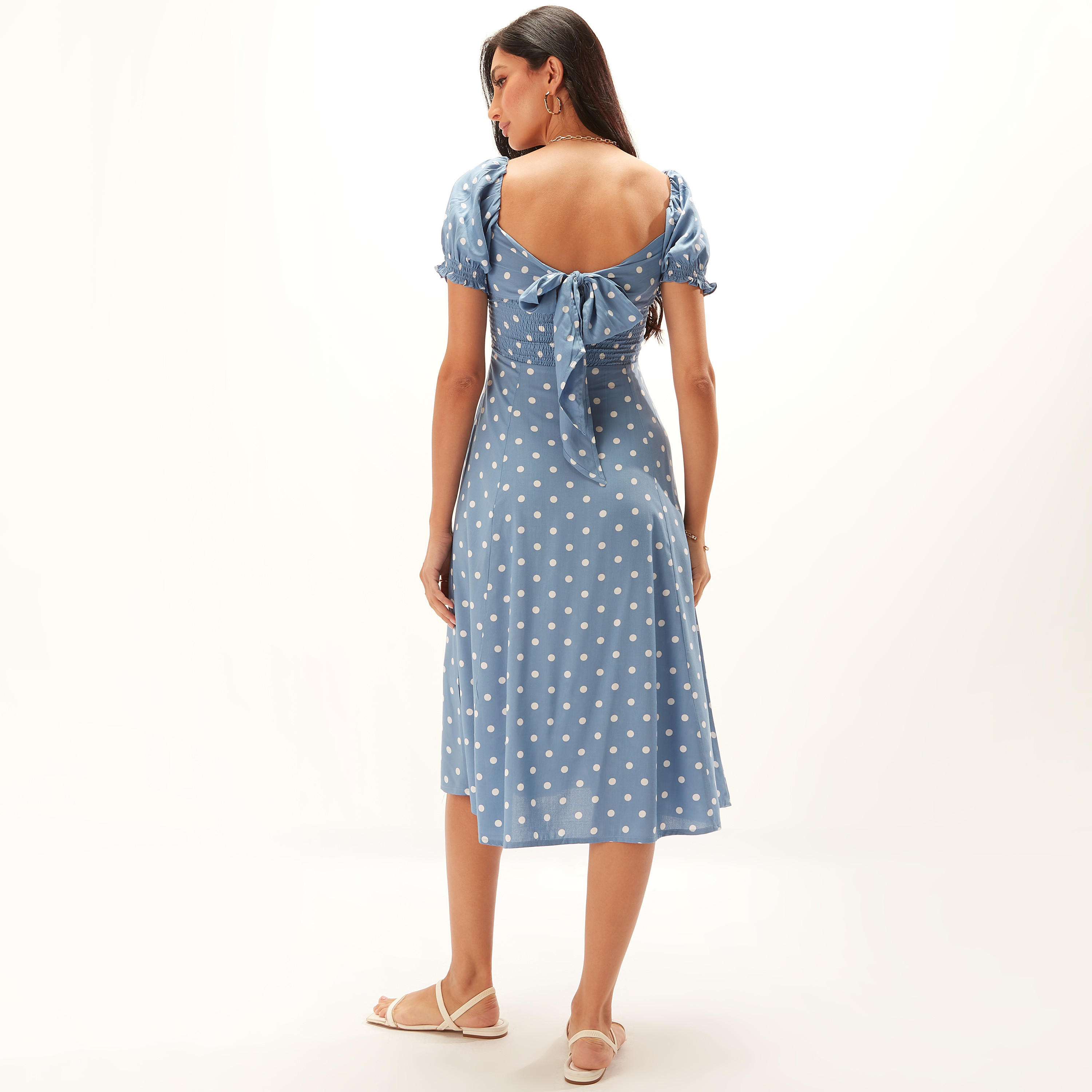 فستان ميدي إيه لاين بطبعات منقّطة وأكمام منفوخة وأربطة-women-clothing-dresses-image-5