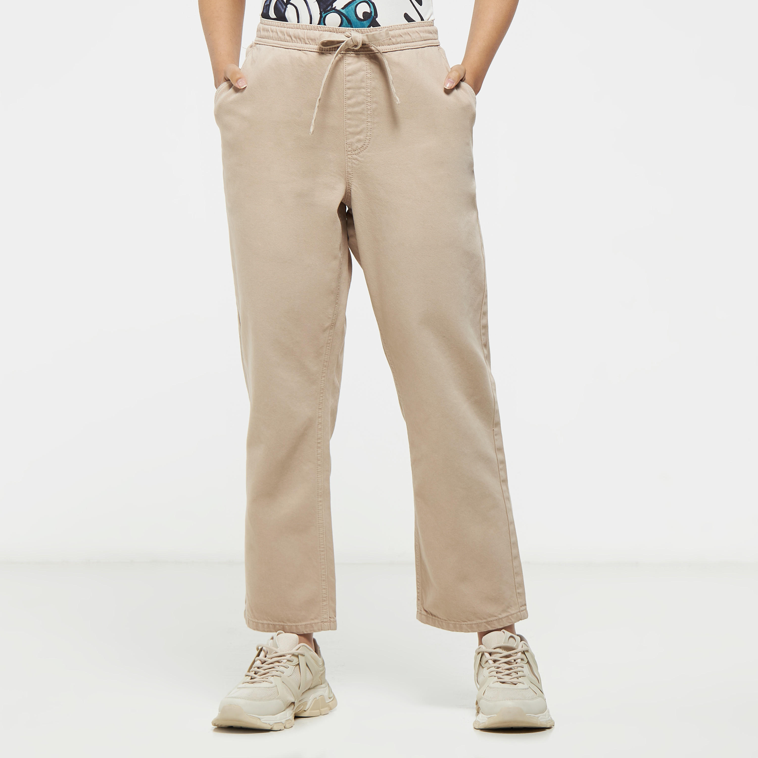 Solid Regular Fit Denim Trousers with Drawstring Closure and Pockets-women-clothing-trousers-image-1