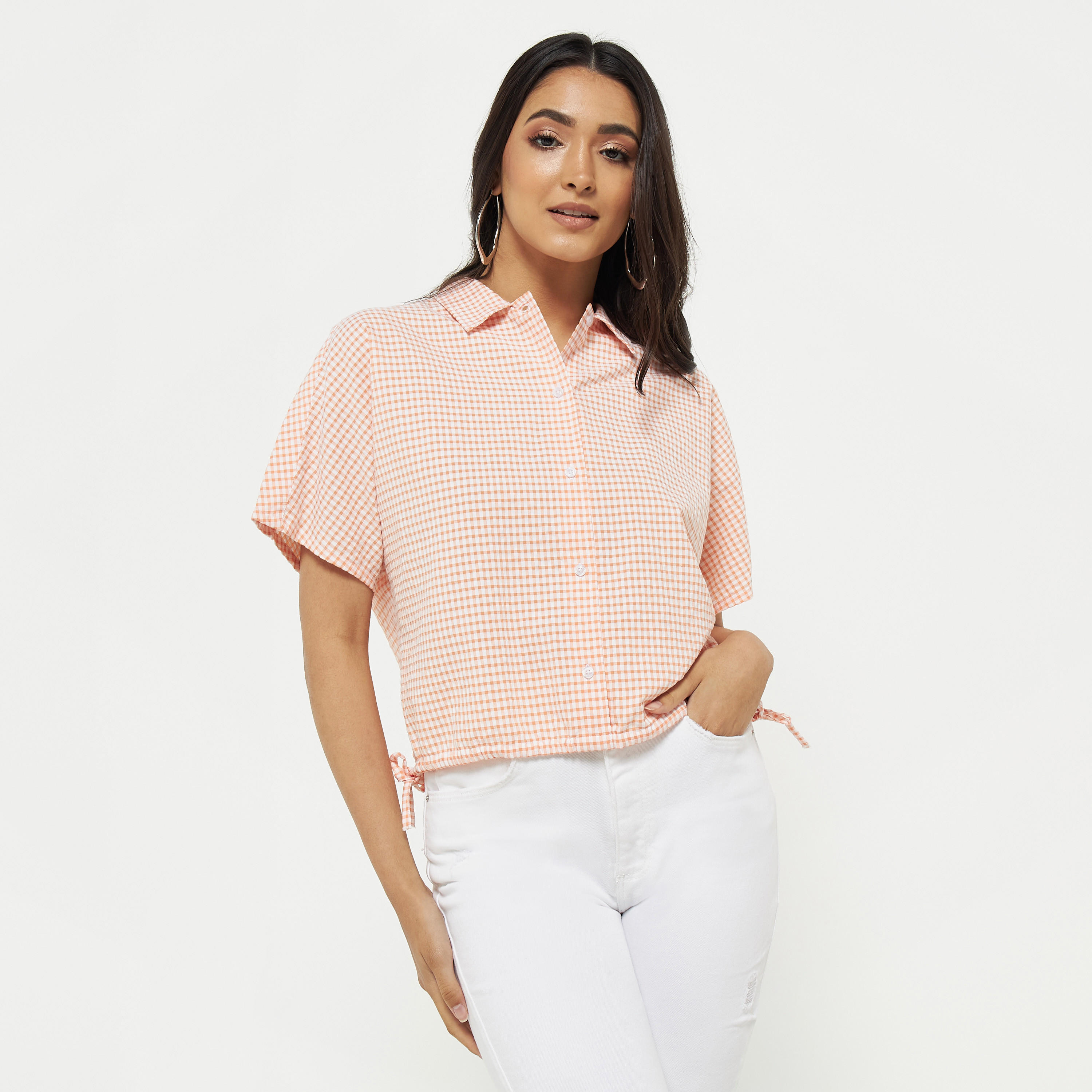 تيشيرت قصير كاروهات بأربطة من لي كوبر-women-clothing-shirtsandblouses-shirts-image-1