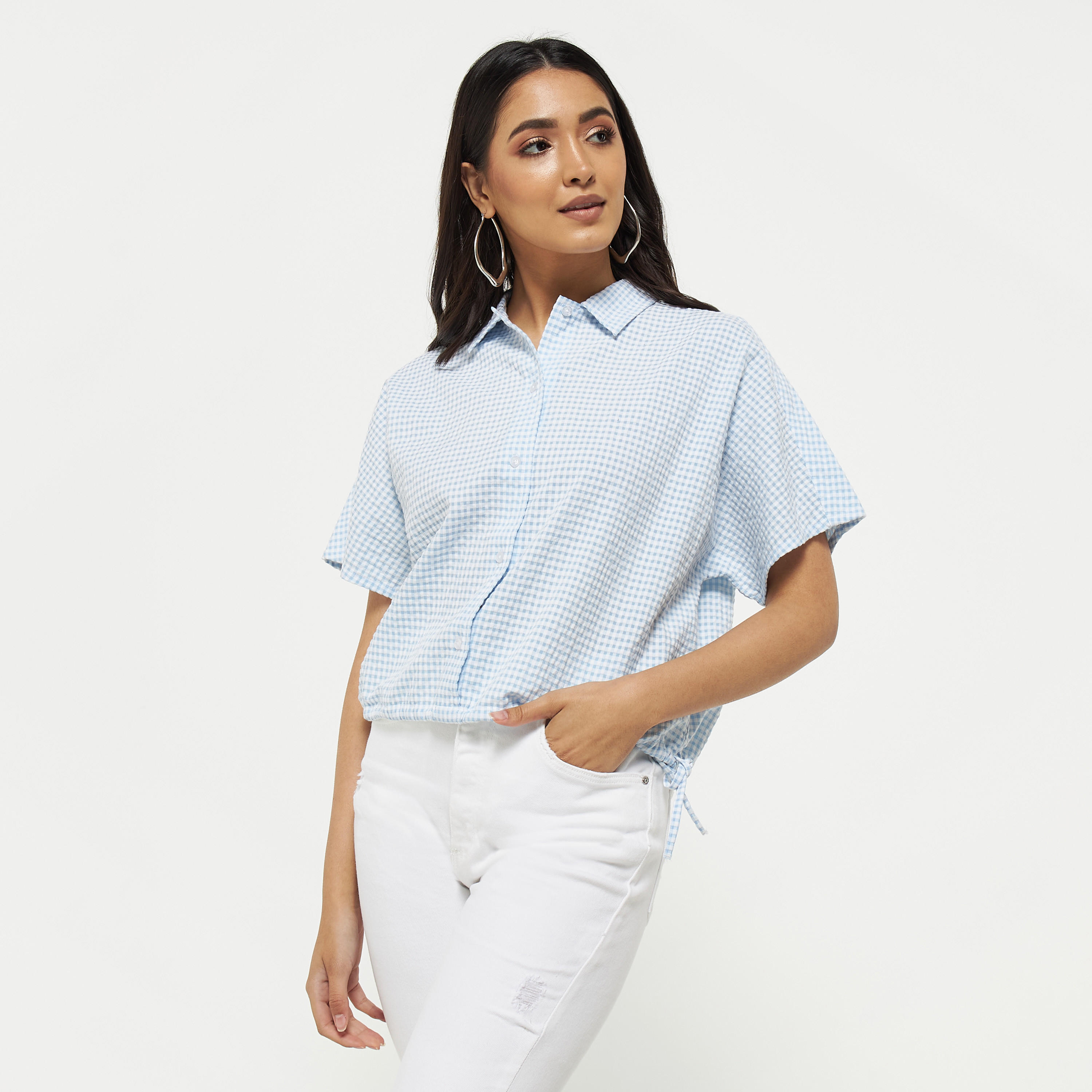 تيشيرت قصير كاروهات بأربطة من لي كوبر-women-clothing-shirtsandblouses-shirts-image-5