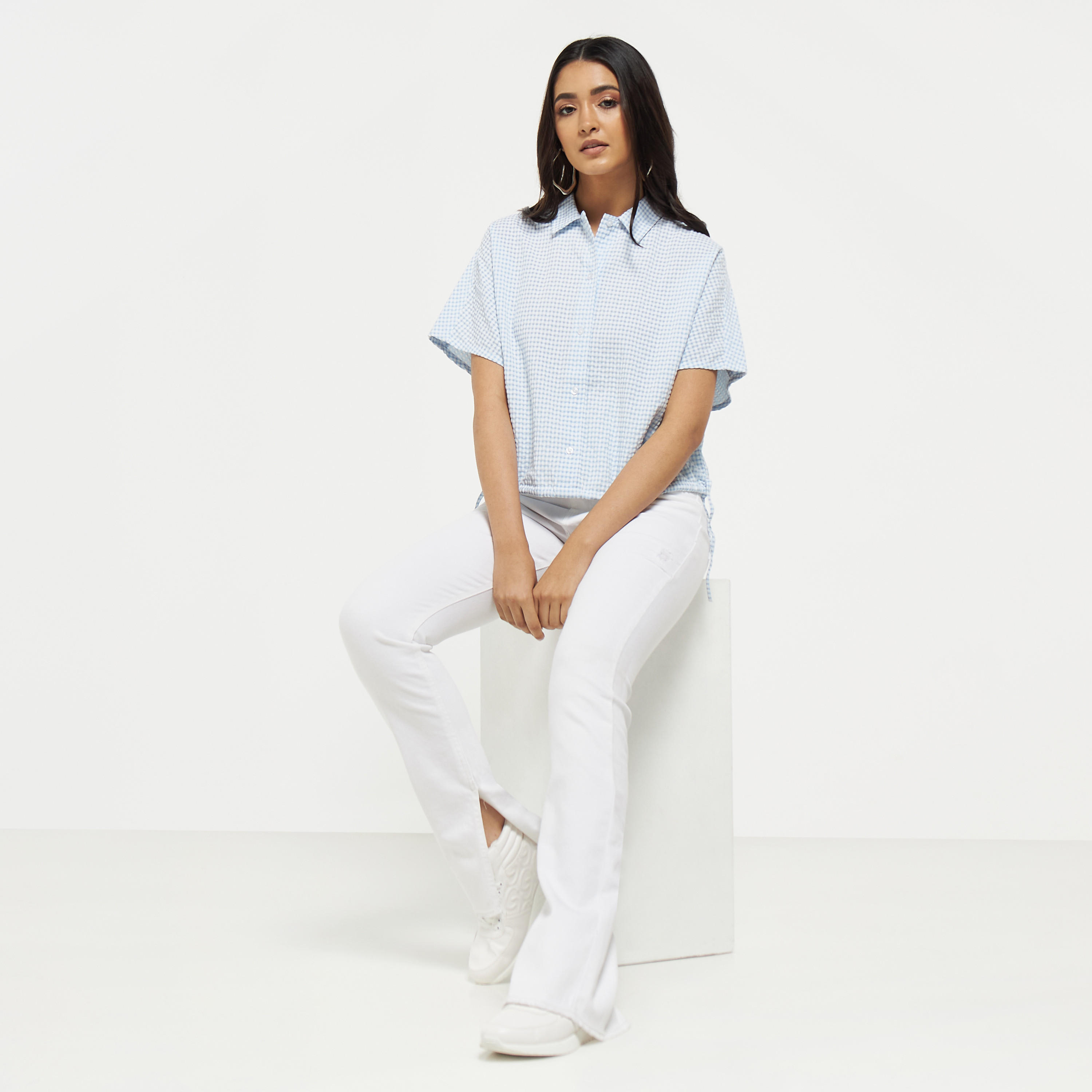 تيشيرت قصير كاروهات بأربطة من لي كوبر-women-clothing-shirtsandblouses-shirts-image-6