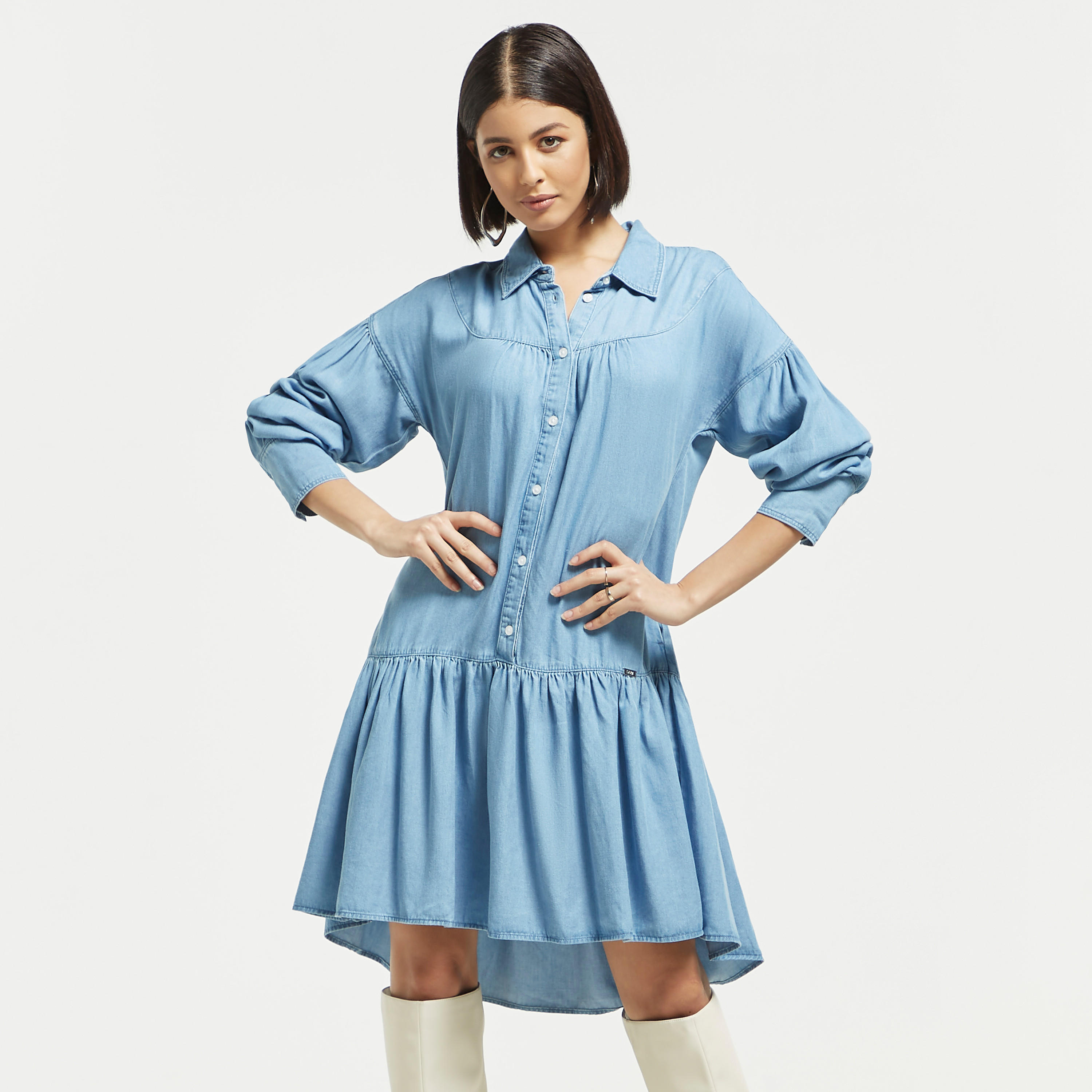 فستان قميص سادة بخصر منسدل وياقة واسعة وجيوب-women-clothing-dresses-image-4