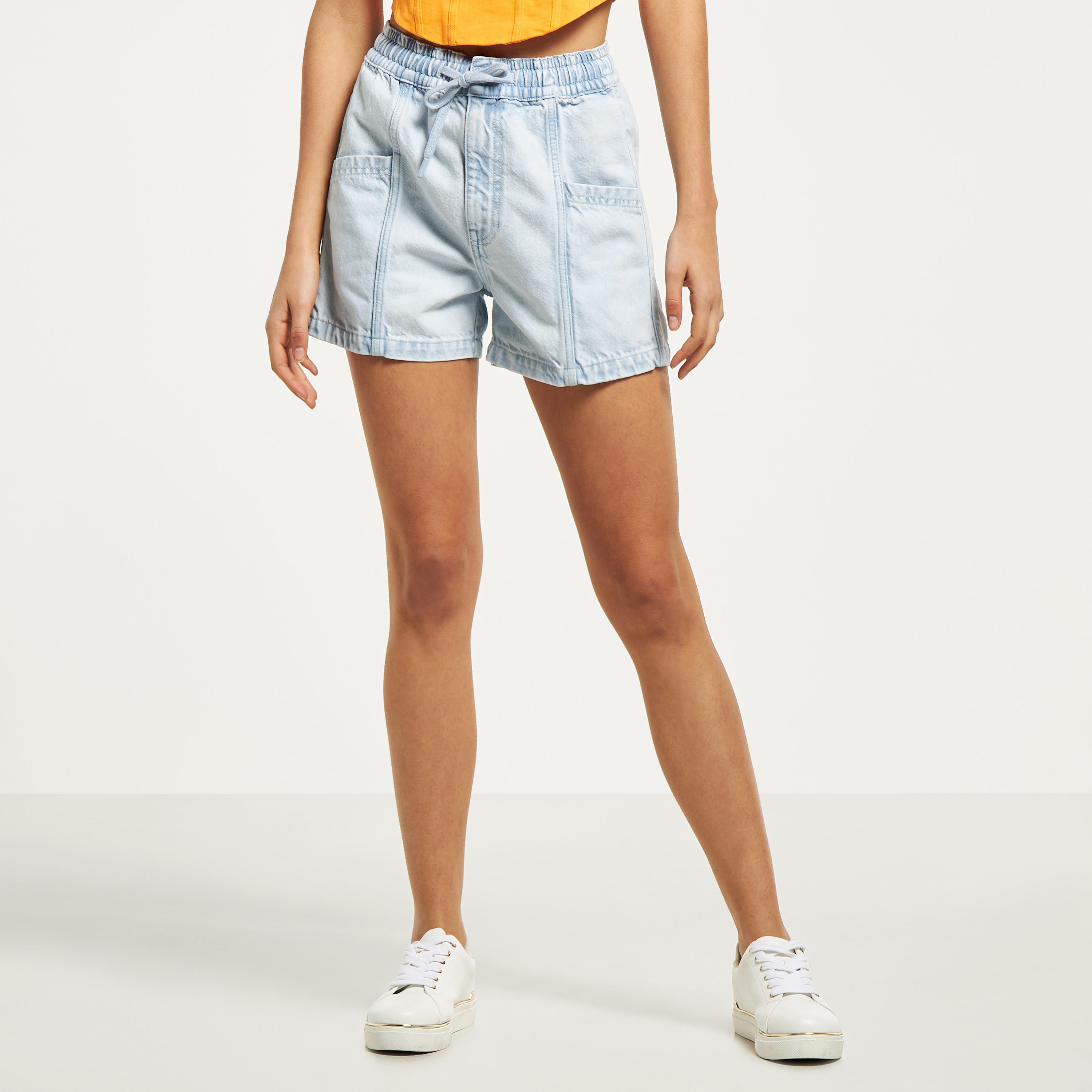 Solid Denim Shorts with Elasticated Waistband and Pockets-women-clothing-bottoms-shorts-image-1