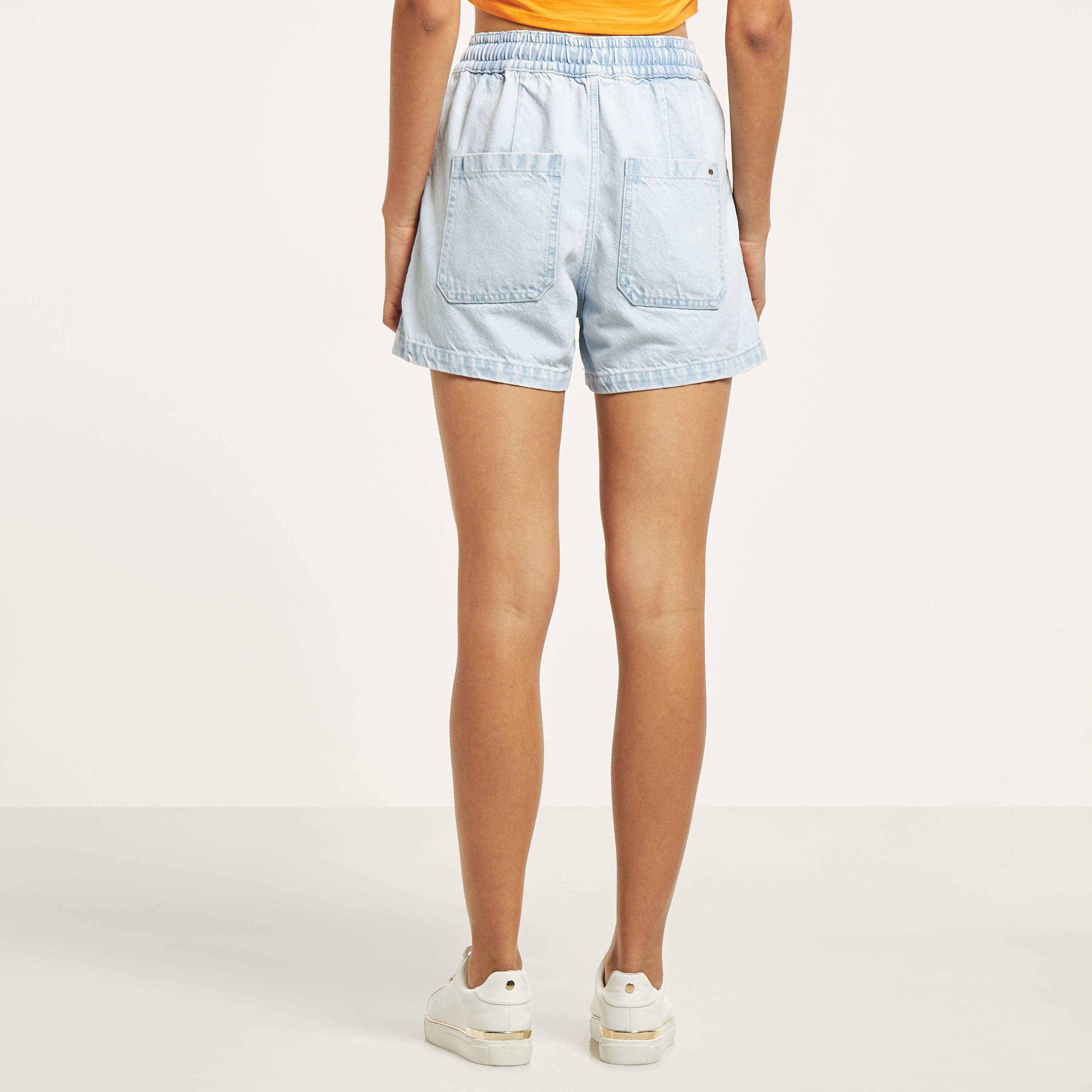 Solid Denim Shorts with Elasticated Waistband and Pockets-women-clothing-bottoms-shorts-image-3