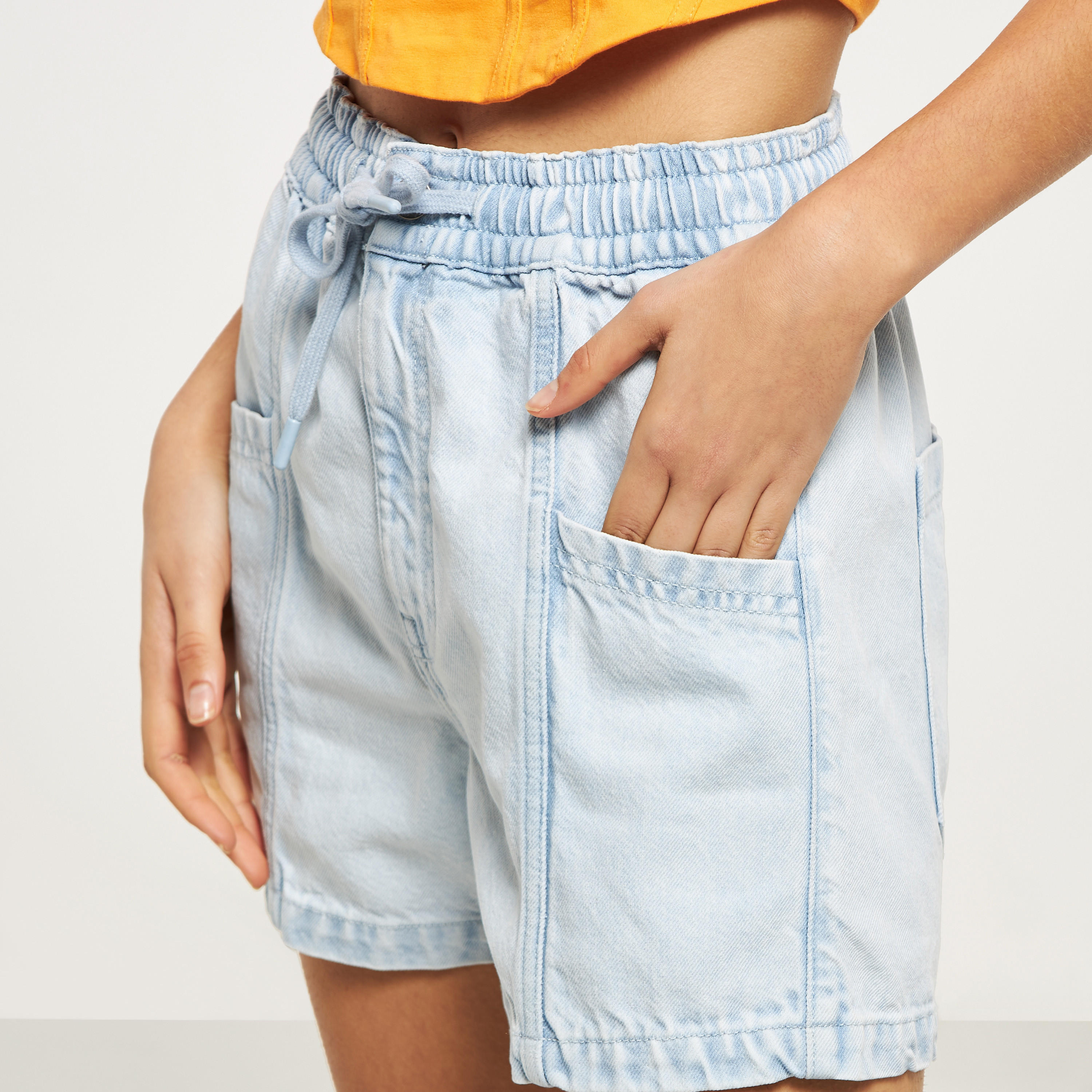 Solid Denim Shorts with Elasticated Waistband and Pockets-women-clothing-bottoms-shorts-image-4