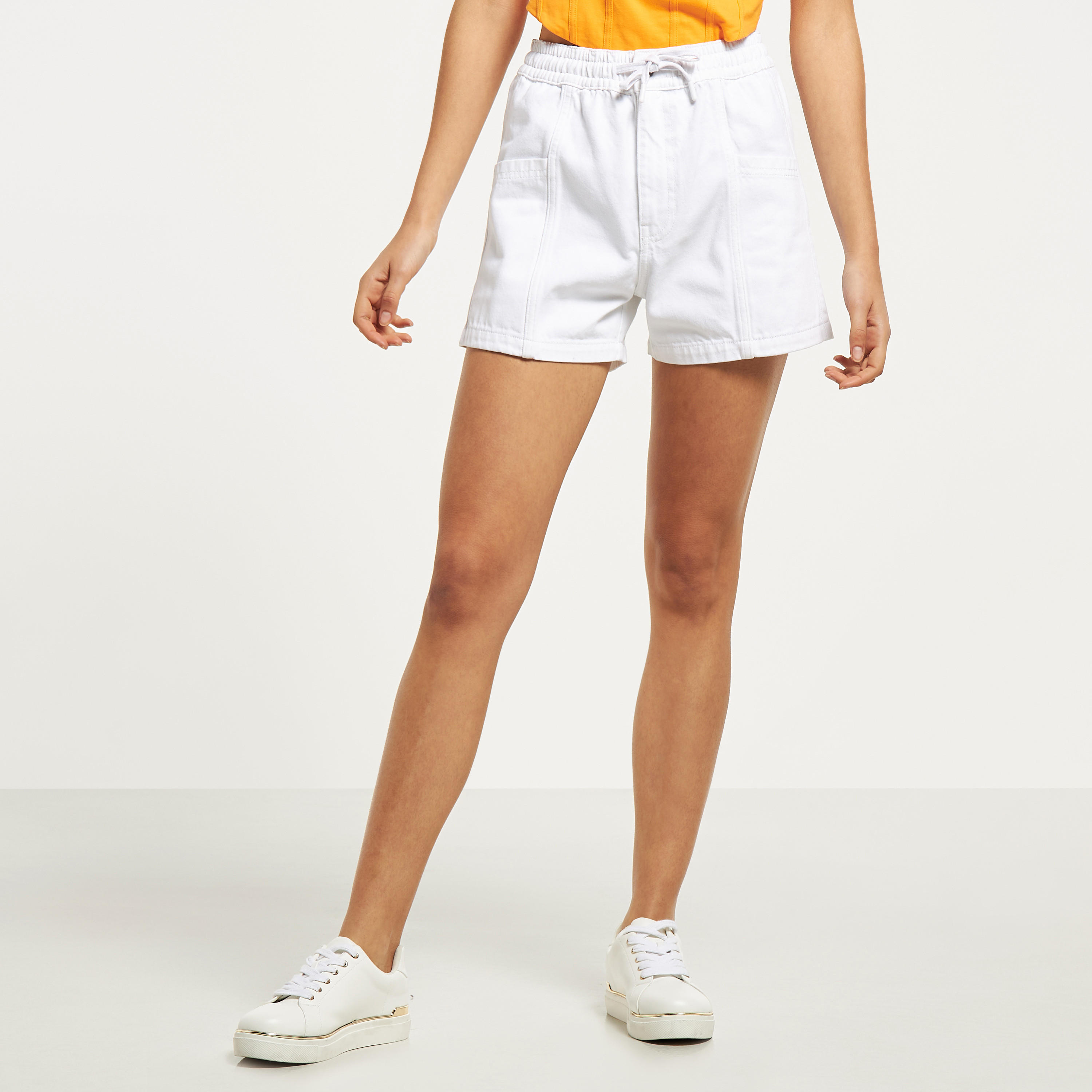 Solid Denim Shorts with Elasticated Waistband and Pockets-women-clothing-bottoms-shorts-image-5