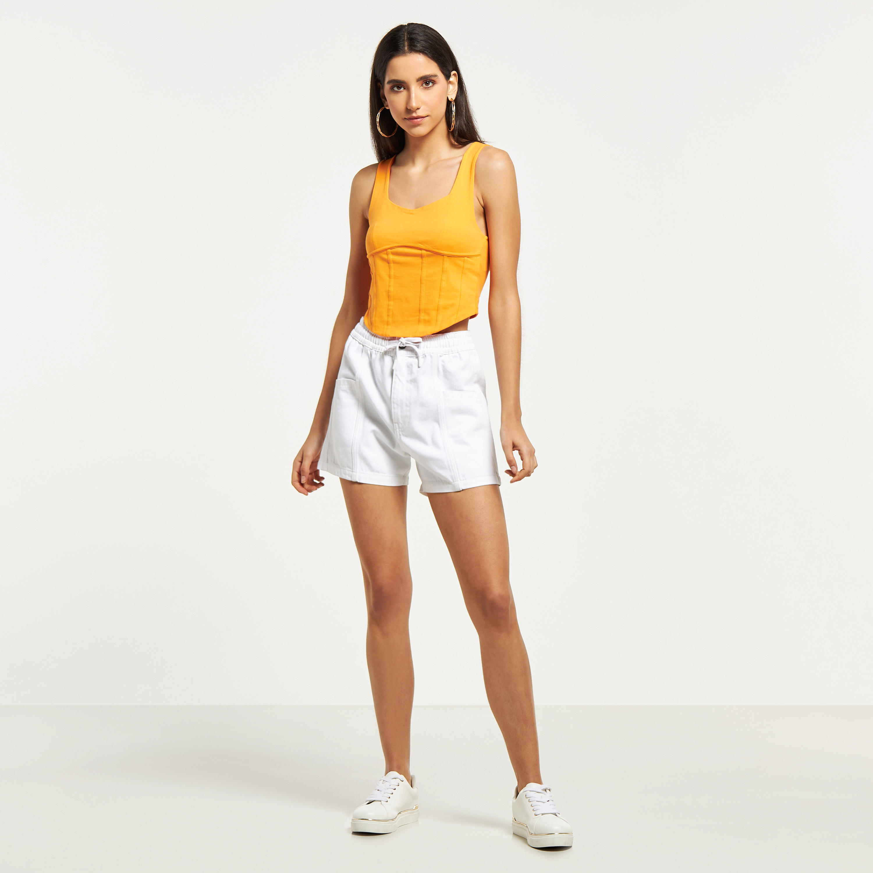 Solid Denim Shorts with Elasticated Waistband and Pockets-women-clothing-bottoms-shorts-image-6